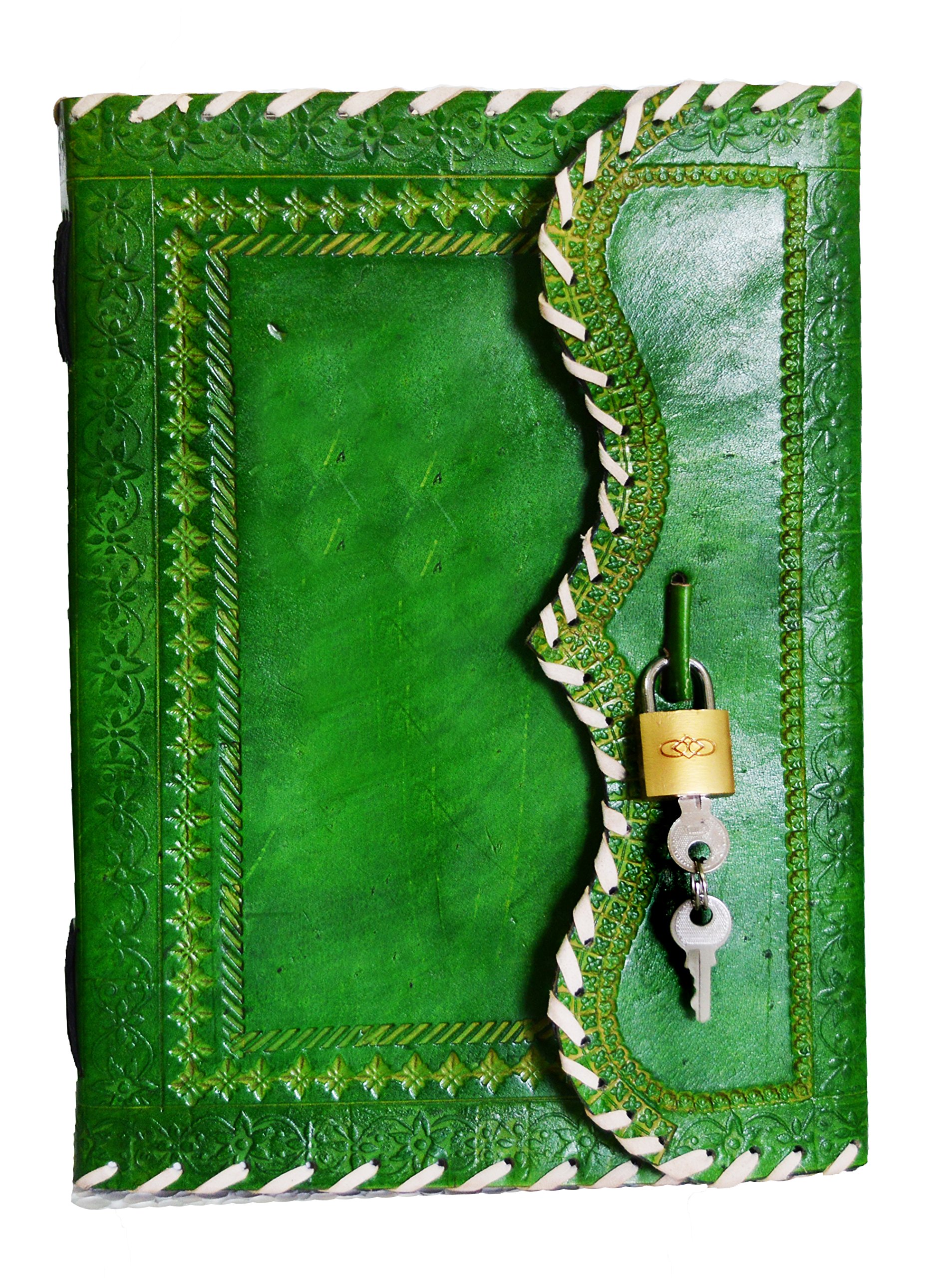 Jaald 25 cm Libreta Notas Cuaderno Hojas Diario Album Hecho a Mano con Cubierta de Cuero y Cerradura Llave Candado - Verde
