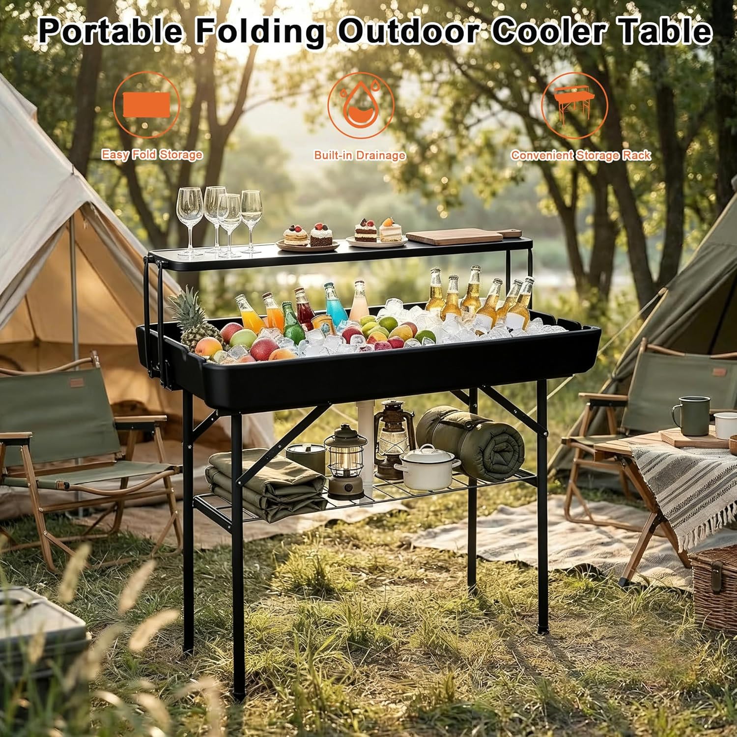 Double-Layer Cooler Table with Drain & Storage Rack, Portable Folding Ice Cooler Table with a Matching Skirt for Picnic,Party, Outdoor Events, Camping, Wedding,40.5"*39.3"*22.04" (Black)