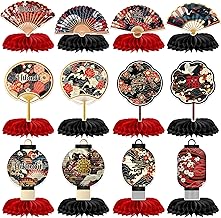 Hibachi Birthday Party Decorations - 12 Pcs Japanese Paper Folding Fans Lanterns Honeycomb Centerpieces Set, Cherries Blossom Flowers Cranes Happy Dinner Supplies Table Decor for Men Women