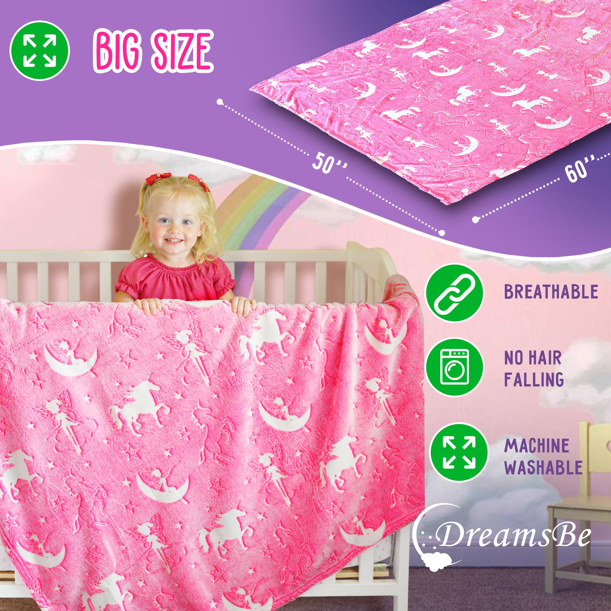 Unicorn Blanket Glow in The Dark Luminous Fairy Blanket for Kids - Soft Plush Pink Fantasy Star Blanket Throw - Large 60in x 50in Glowing Magical Blankets Gift for Girls (Pink Unicorn and Fairy) 1
