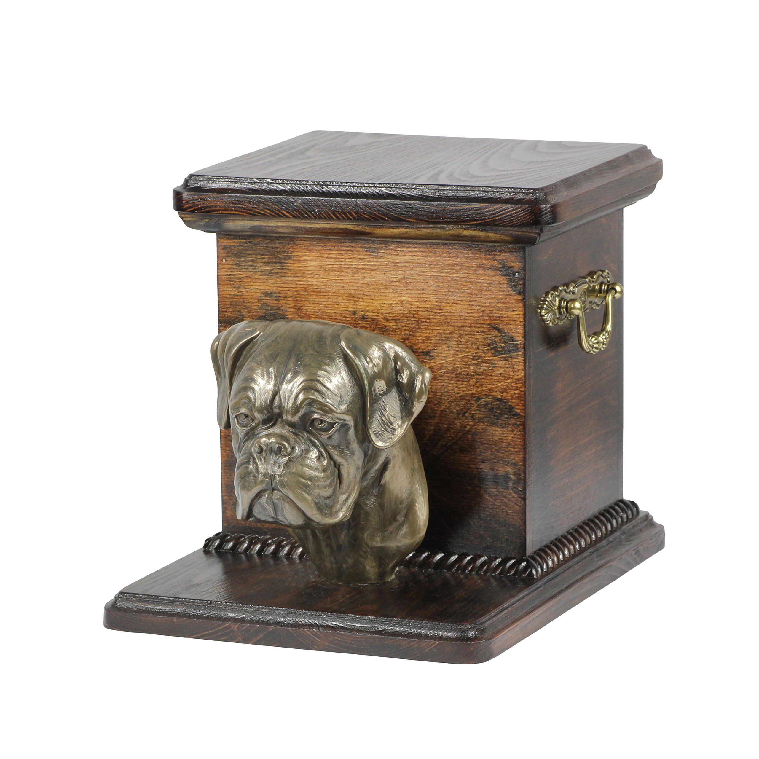 Urne funéraire pour chien Boxer en bronze coulé et bois de bouleau