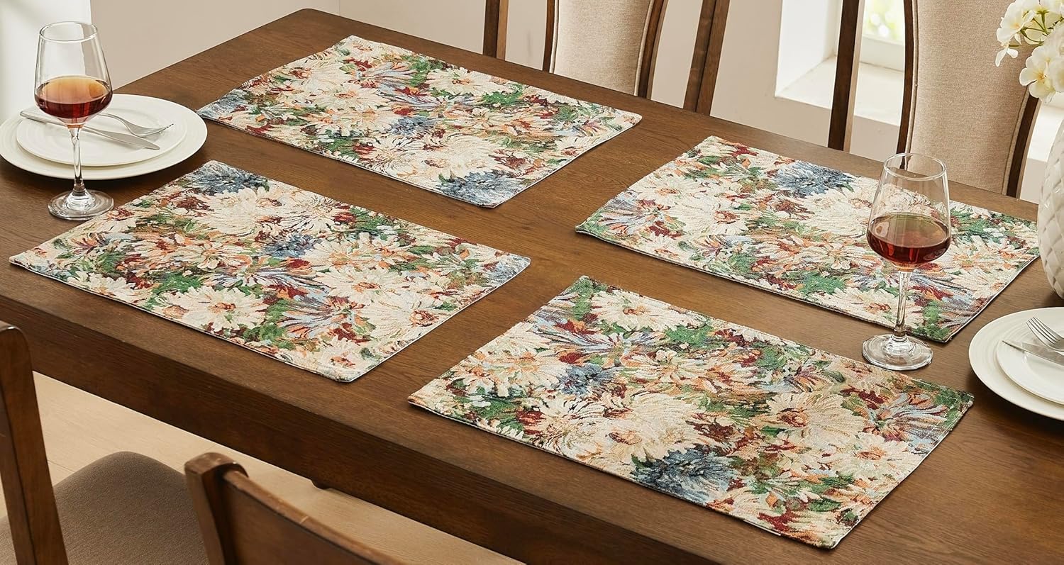 WARM HOME DESIGNS Luxury Table Placemats Set of 4. Beautiful 19 Inch Jacquard Place Mats Embroidered with Intricate Mums Design for Thanksgiving, Christmas or Easter Dining Table Decor. DIN Mums Mat
