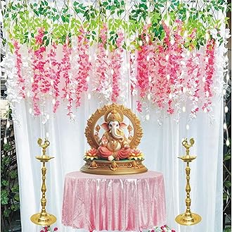 Lazybeee 19pc Decorative White Net Curtain Backdrop with Pink White Wisteria Flower for Event Decorations Wedding, Festival Ganesh Backdrop for Pooja Decoration Ganpati Janmashtami Varalakshmi Diwali