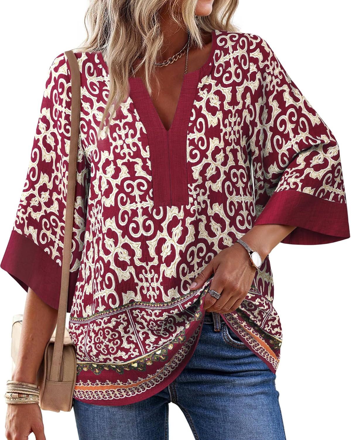 Bebonnie Women Blouses Dressy Casual 3/4 Sleeve V Neck Floral Loose Fit Tunic Tops - Image 2