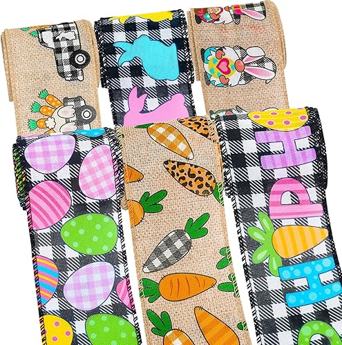 Whaline 6 rollos de cinta de Pascua con borde con alambre de 30 yardas, conejo de Pascua, huevo, zanahoria, camión, gnomo, cinta de tela a cuadros