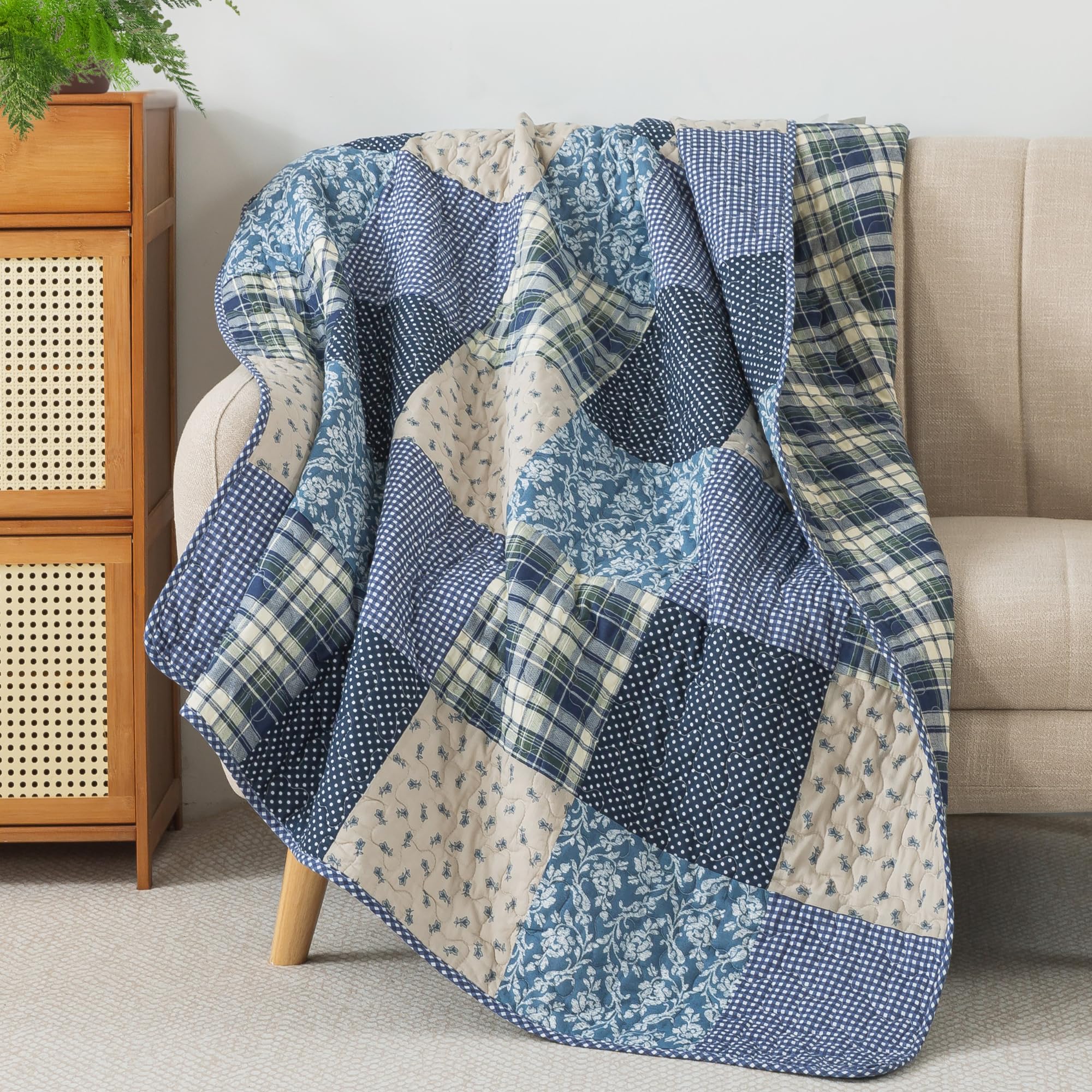 SLPR Cotton Quilted Throw Blanket, 50" x 60" Floral Farmhouse Patchwork Quilt, Shabby Chic Patchwork Throw Lap Quilt for Couch, Blue Symphony