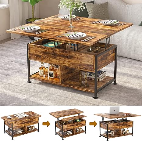 Cosimates Lift Top Coffee Table ,4 in 1 Multi-Function Coffee Table with Hidden Compartment ,Modern Lift Tabletop Dining Table for Living Room Reception/Home Office, Rustic Brown