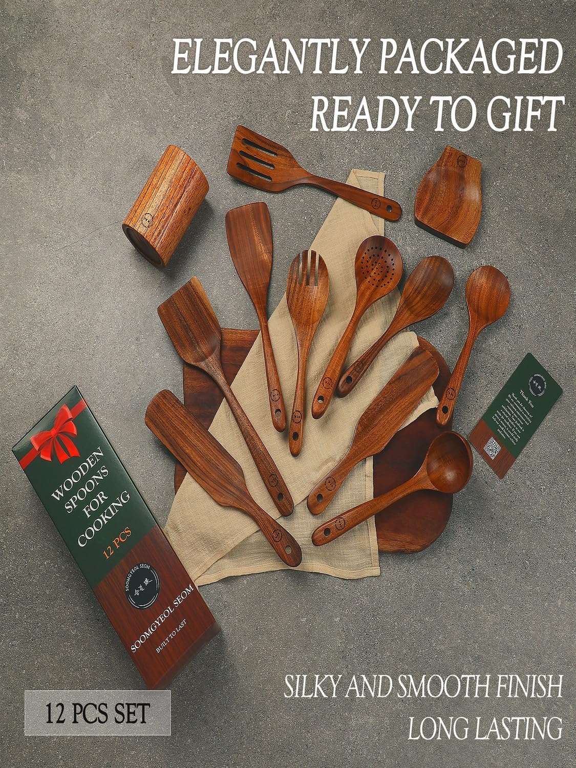 12-Piece Natural Teak Wood Utensil Set with Holder & Rest - Nonstick Cooking Spoons, Spurtles, Heat Resistant Tools
