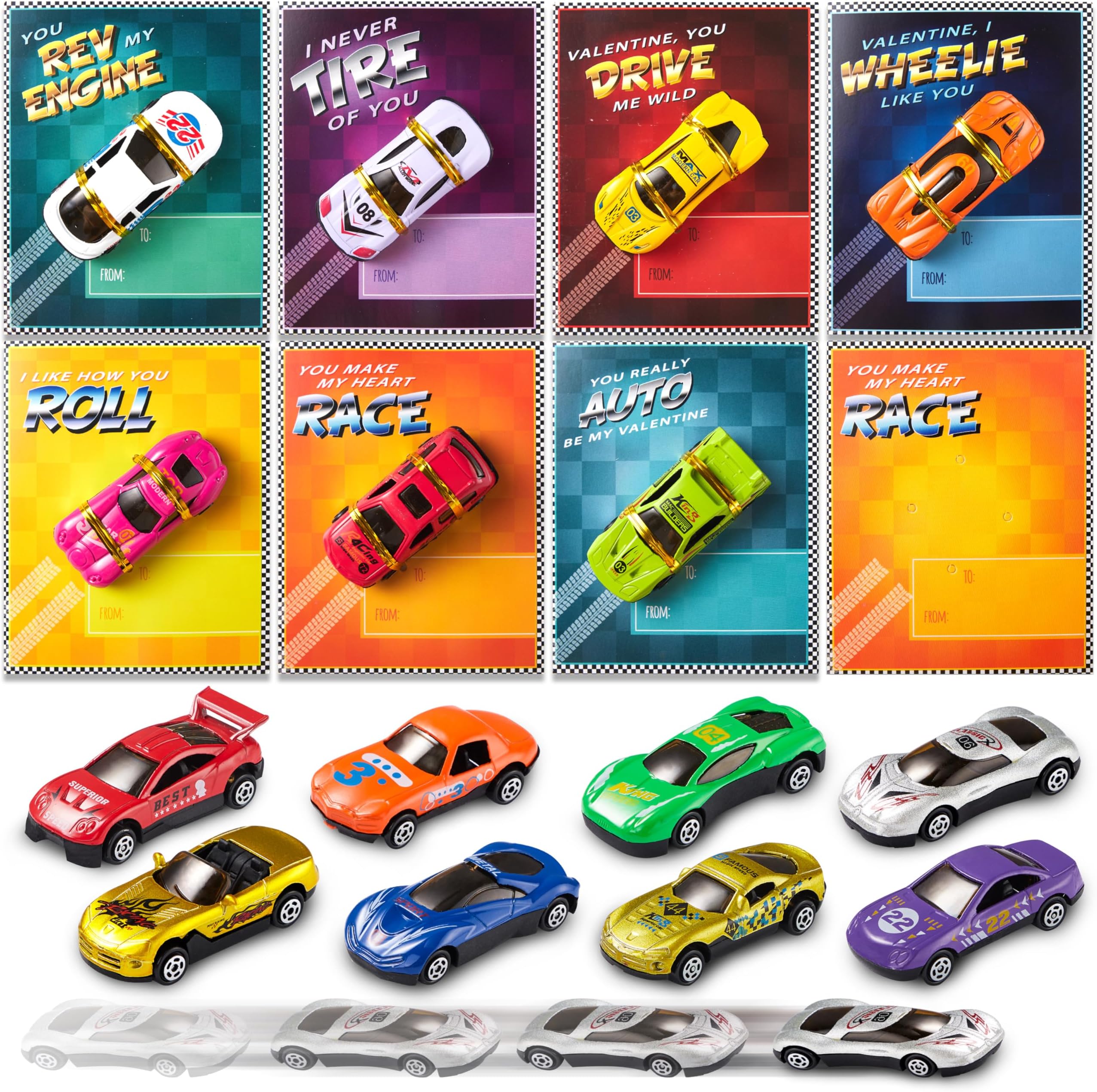 28-Count Valentines Day Gifts Cards, Valentine's Greeting Cards for Kids with Die-Cast Racing Cars Valentine Classroom Exchange Party Favor Toy
