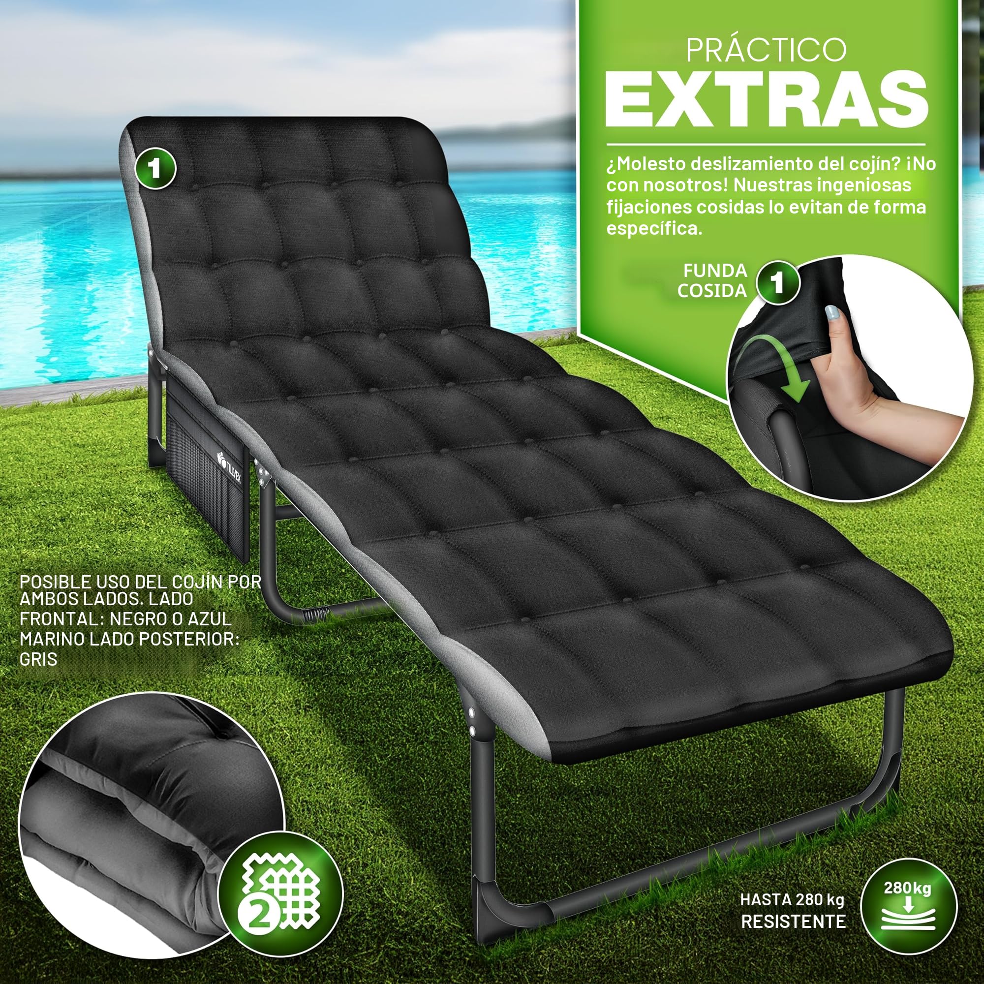 tillvex® Cama de camping plegable con bolsa de transporte y cojín cervical de hasta 280 kg, tumbona de camping con acolchado, cama plegable para exteriores e interiores, cama plegable para invitados,