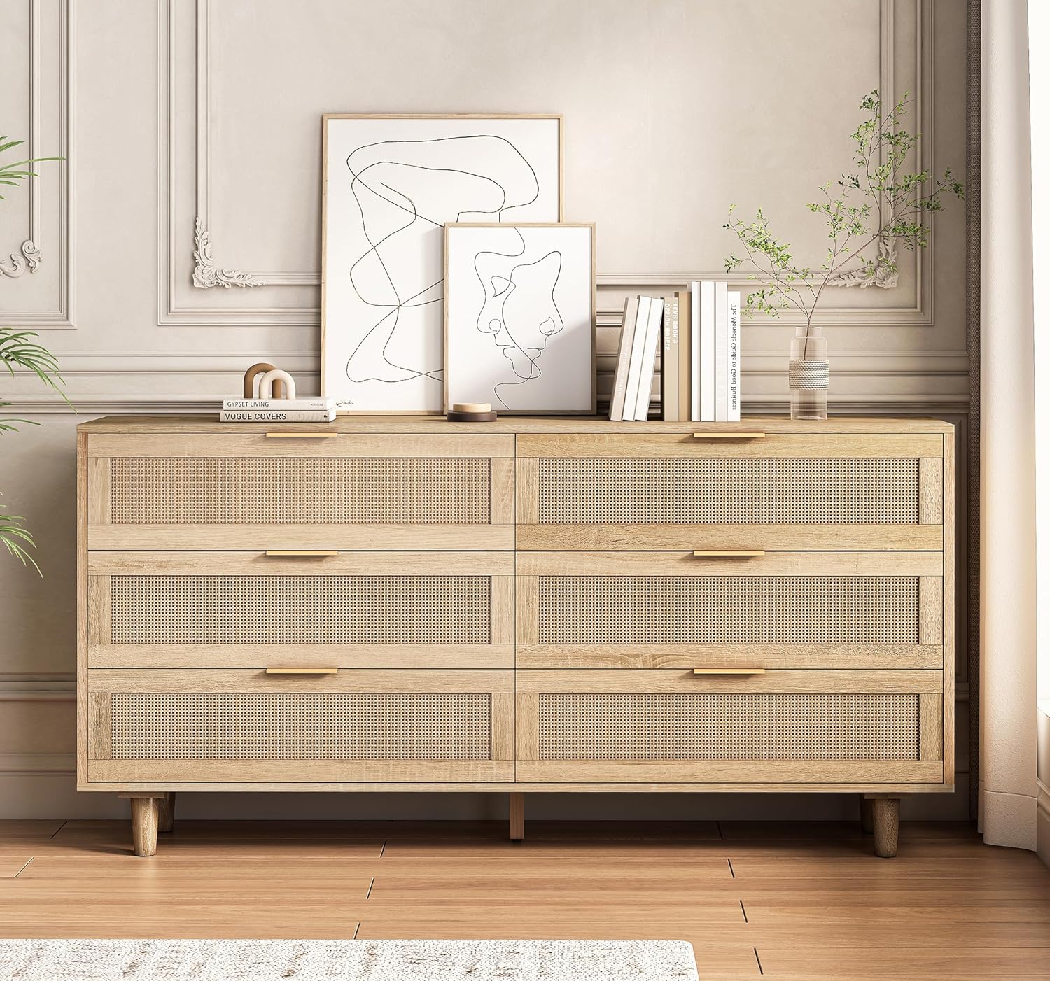6 Drawer Double Dresser for Bedroom,Natural Rattan Modern Drawer Chest,Wooden Storage Wardrobe Dresser with Gold Handles,Floor Standing Storage Cabinet, for Living Room,Hallway (Natural)