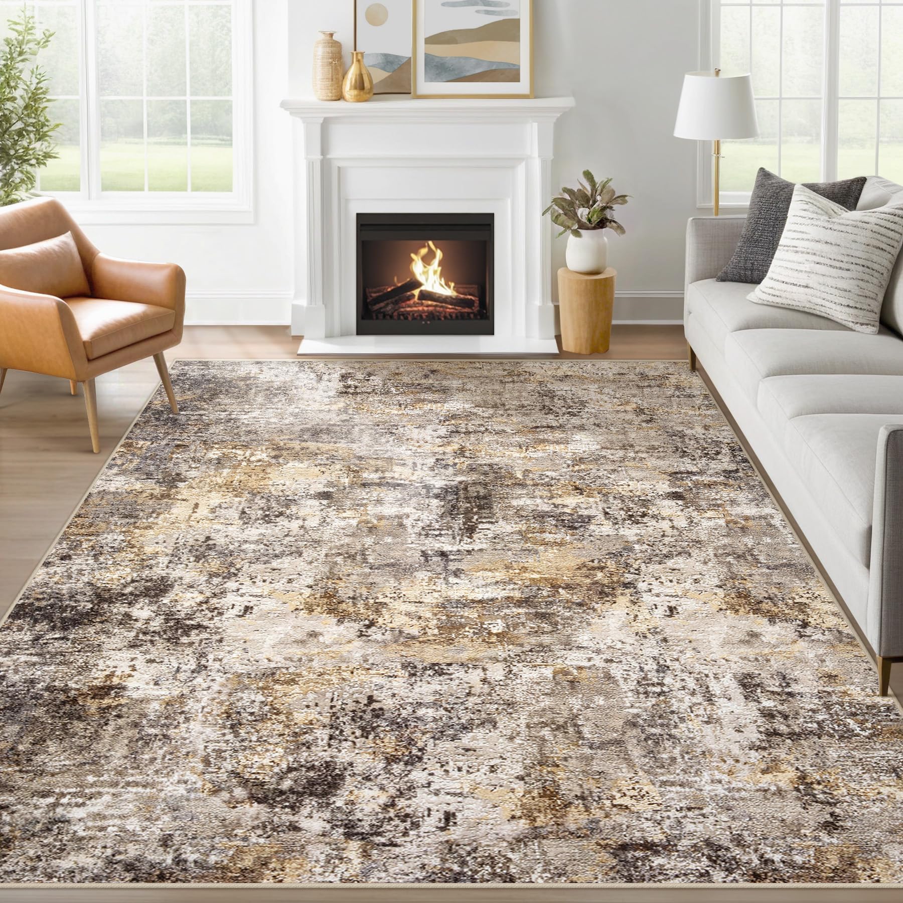 6x9 Area Rugs for Living Room: Washable Neutral Abstract Rug Soft Modern Rugs Indoor Floor Non-Slip Carpet for Bedroom Dining Room Nursery Office(Grey Brown, 6'x9')