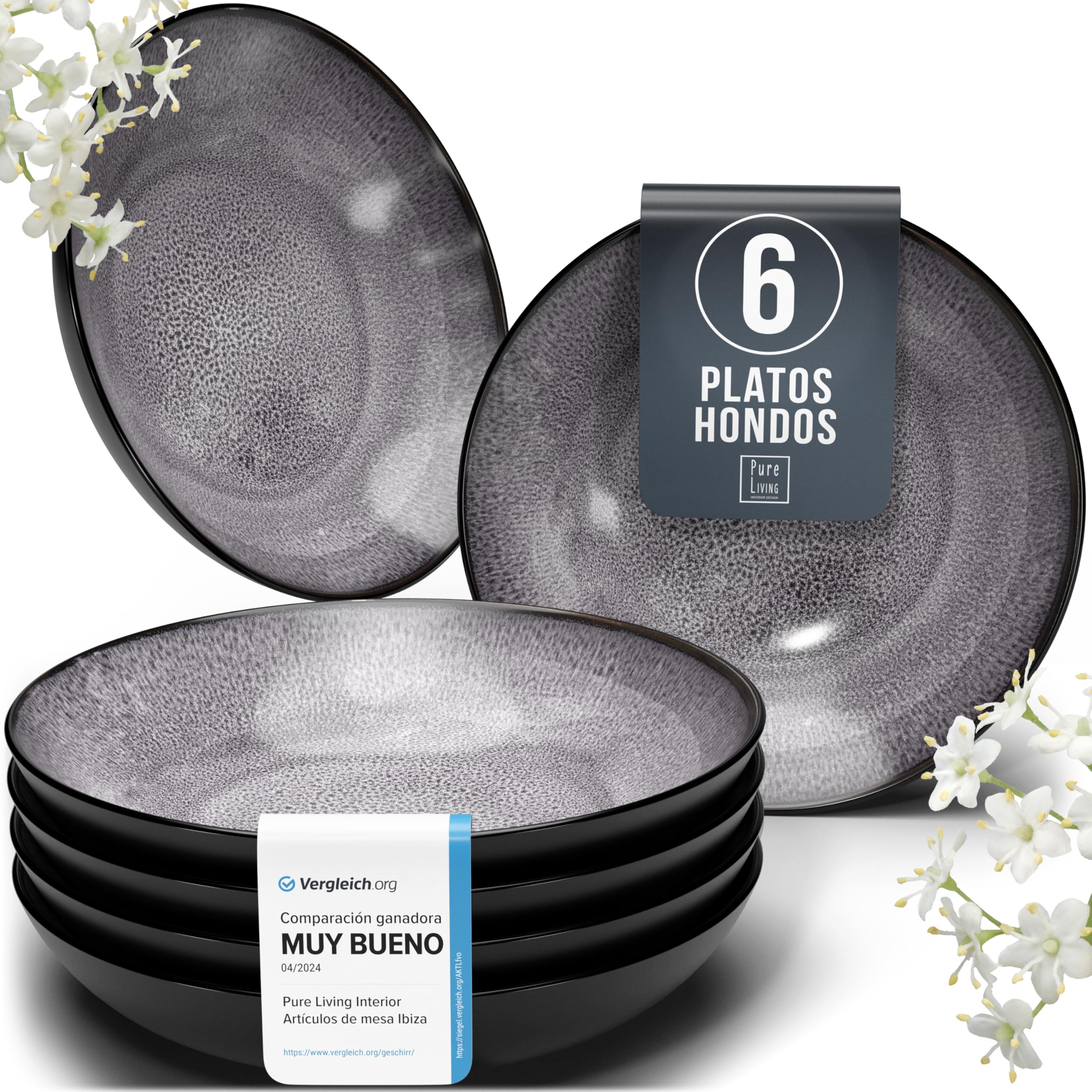 Juego de 6 platos hondos Ibiza – gres premium, resistente a los arañazos, apto para lavavajillas, microondas – Elegante juego de platos hondos – Platos de pasta hondos grandes – Pure Living vajilla — view 36