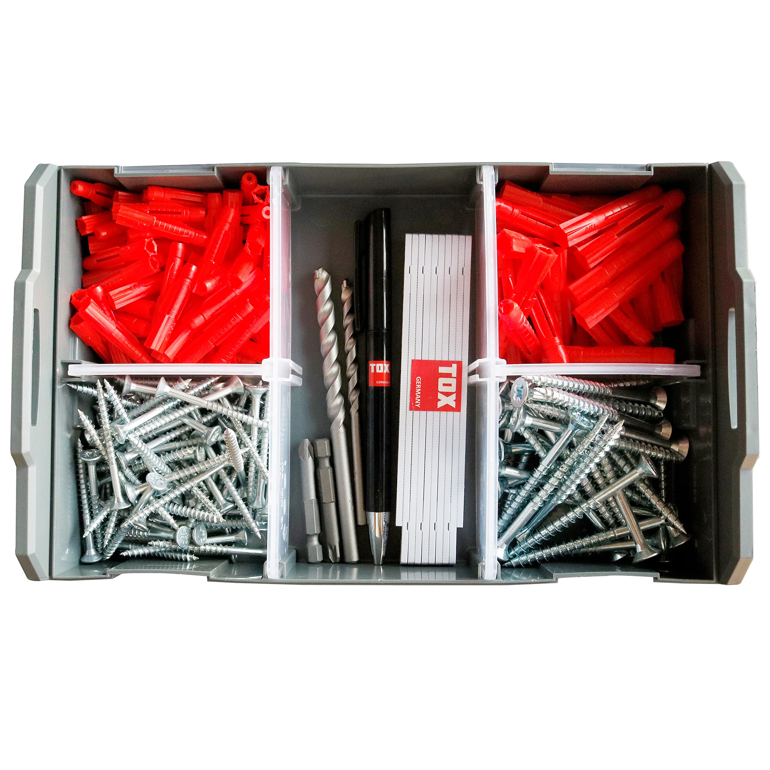 TOX L-BOXX Mini Multi Allzweckdübel-Sortiment, 206 tlg, anpassbar + stapelbar, mit Allzweckdübel Tri 6/36 + 8/51 TX-Schrauben 4,5 x 50 mm + 6,0 x 70 mm + Zubehör für nahezu alle Baustoffe, 094901501
