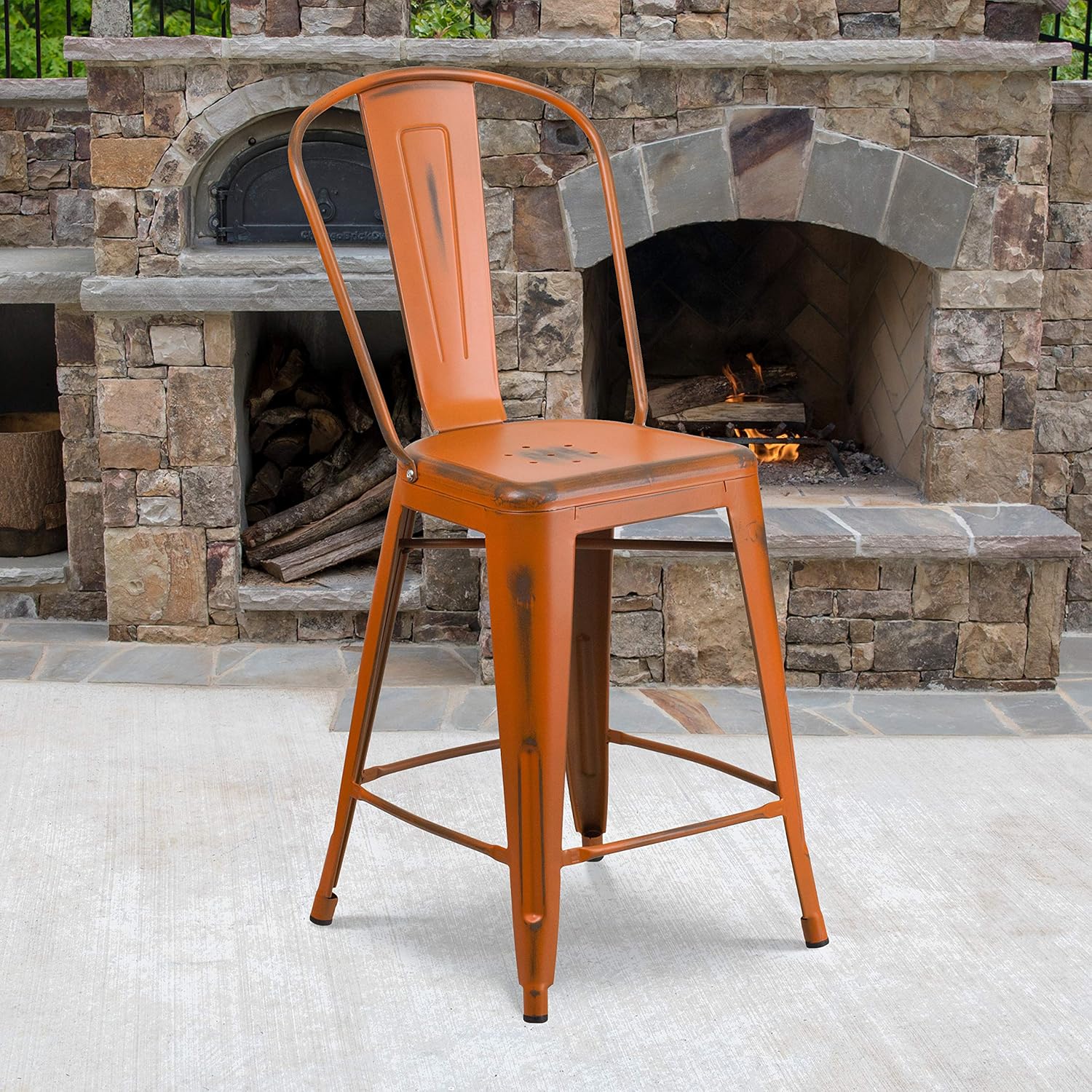 BizChair 4 Pack 24" High Distressed Orange Metal Indoor-Outdoor Counter Height Stool - Back