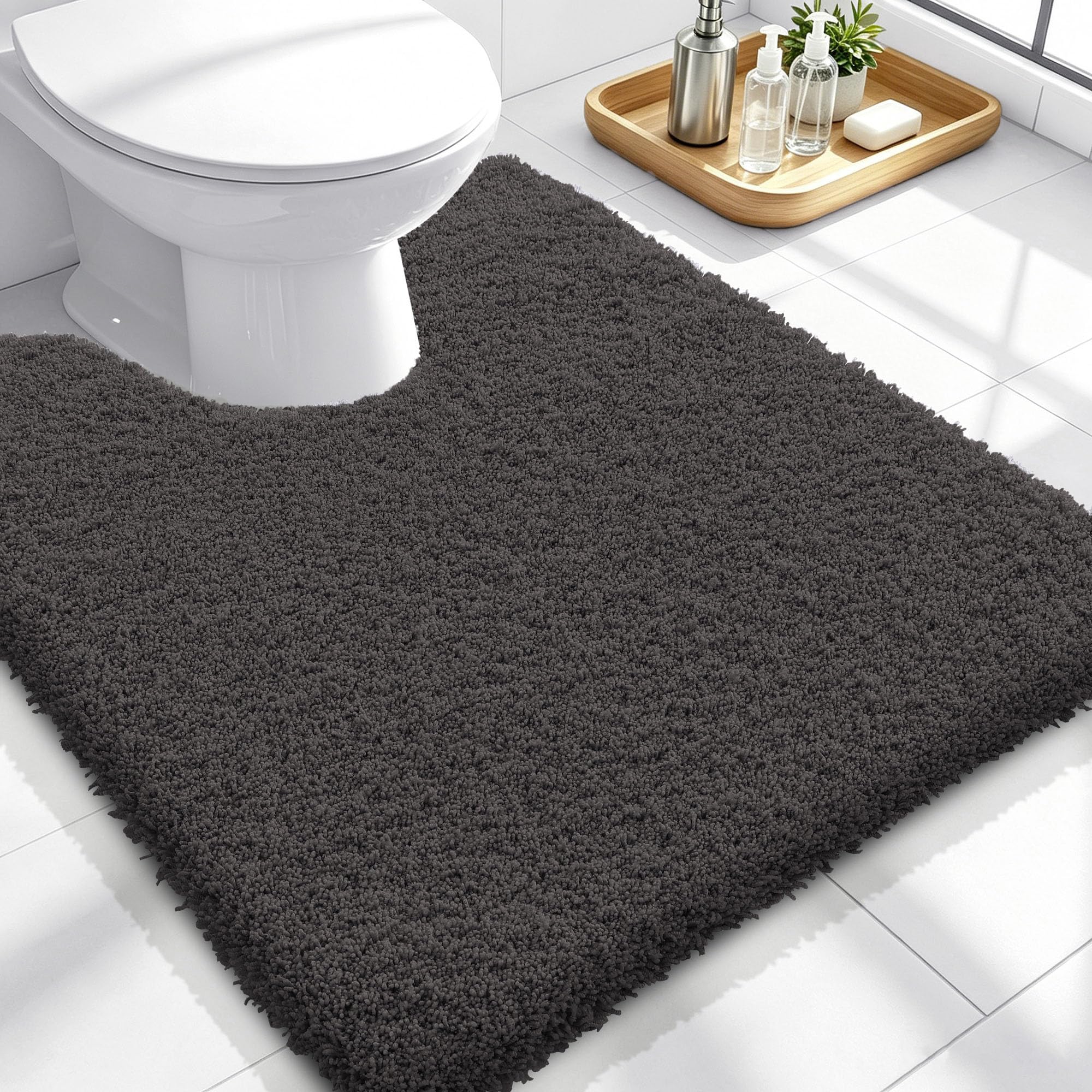 OLANLY Microfiber Soft Bathroom Toilet Rugs U-Shaped, 24x20, Dark Grey