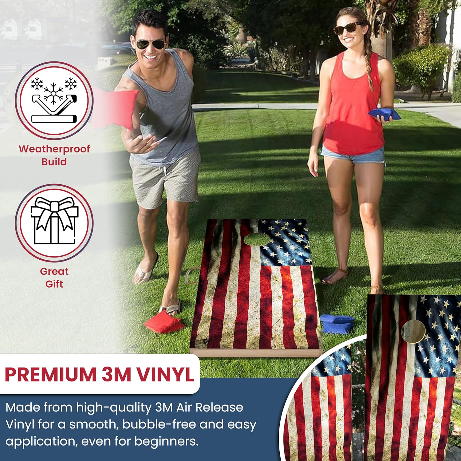 Pair of Corn Hole Wraps | American Flag Themed Cornhole Board Wraps Set | Corn Hole Decal Set 48.5x24.5in Waterproof 3M Vinyl Air Release | Laminated & Easy to Apply Wraps | Gift for Cornhole Lovers