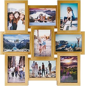 Melannco 9 Opening Photo Collage Frame, Displays Four 4x6 and Five 6x4 Inch Photos, Gold, 17.95x17.95x1.1 Inch