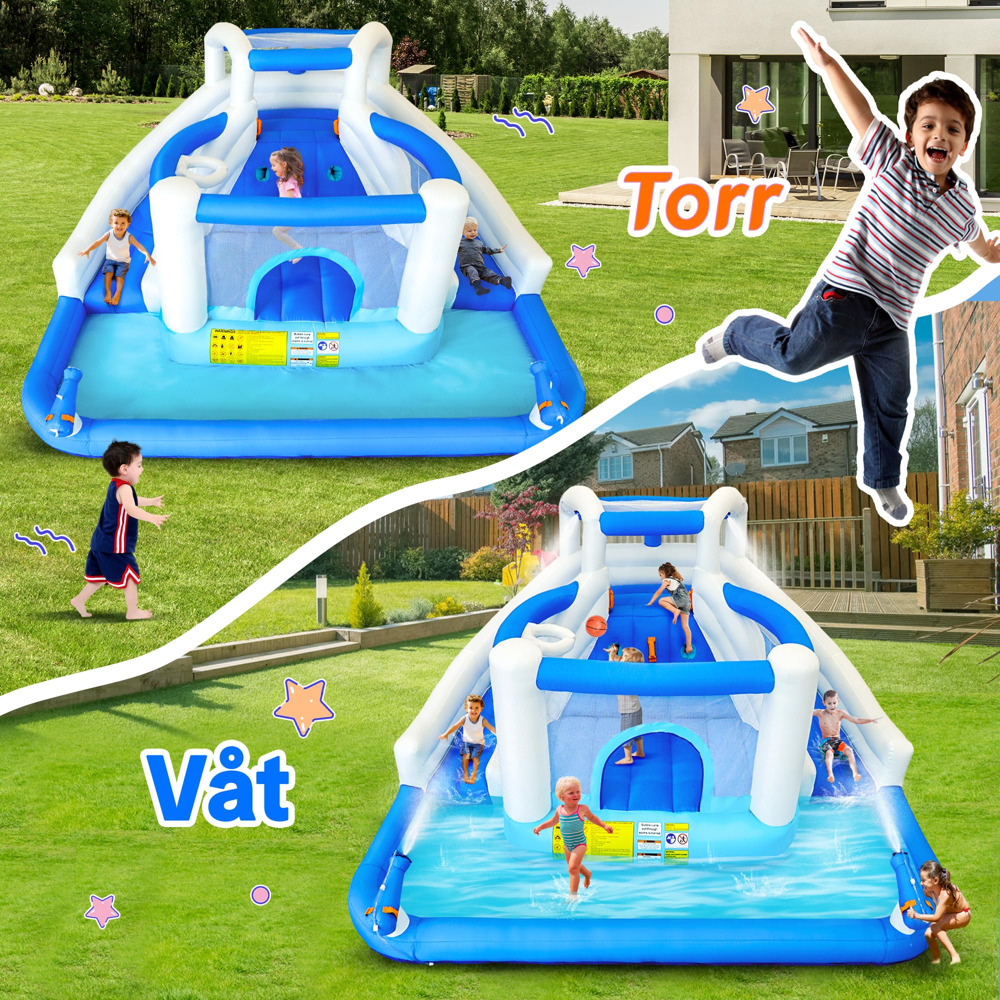 Parco giochi d'acqua gonfiabile, adatto per feste | Scivolo ad acqua, cestino da basket, 2 pistole ad acqua, castello gonfiabile per bambini, adatto per giardino e feste