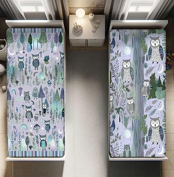 Ambesonne Owls Fitted Sheet Set, Gentle Cartoon Art of Woodland and Night Birds Nature Forest Leaft Motifs, 2 Pack Comfortable Bedding All-Round Elastic Pocket, Twin Size, Lavender Reseda Green
