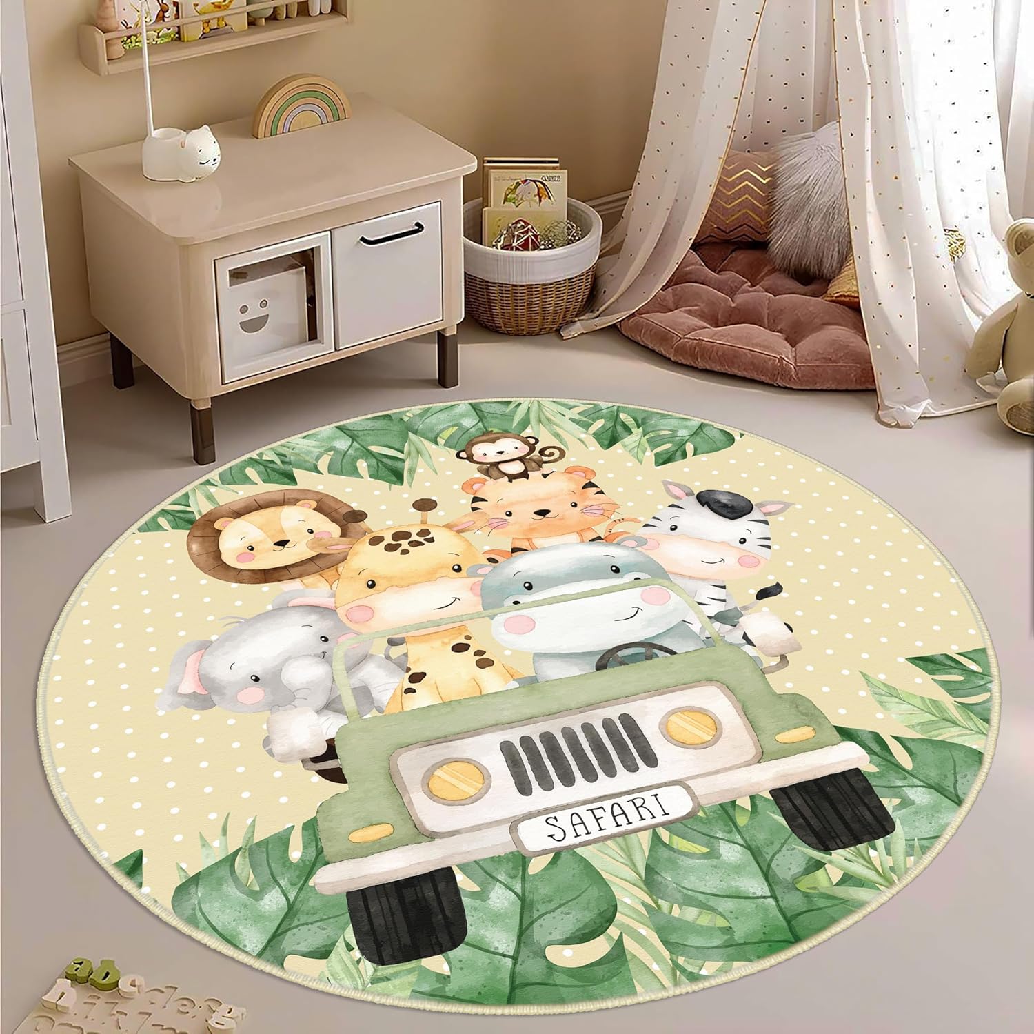 Safari Animals Kids Round Play Rug – Custom Print Soft Non-Slip Nursery Carpet for Toddlers, Cute Jungle Animal Theme Area Mat for Bedroom & Playroom