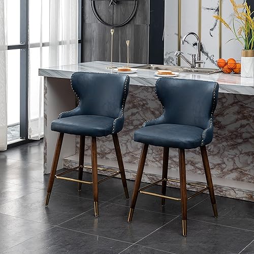 Miniatura 2 de Roundhill Furniture Nevis Mid-Century - Juego de 2 taburetes modernos de piel sintética con adornos de clavos, color azul