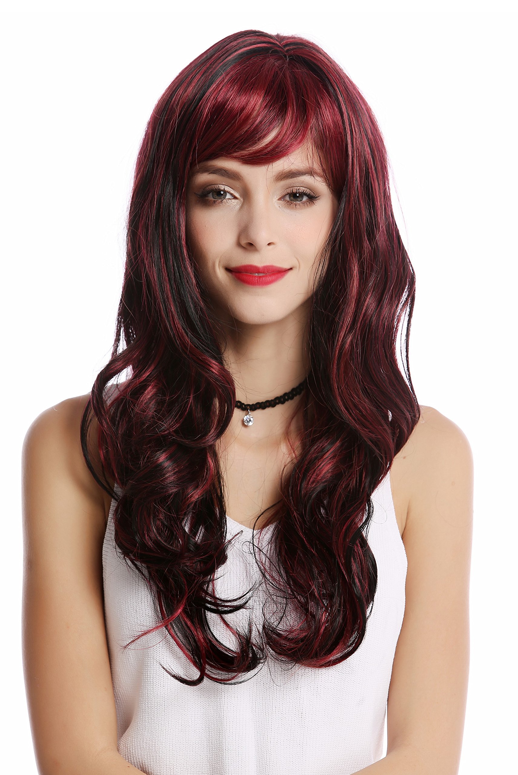 WIG ME UP - GF-W2088-1H139 Lady Quality Wig long wavy slight curl bangs black streaked with burgundy red highlights - Image 2