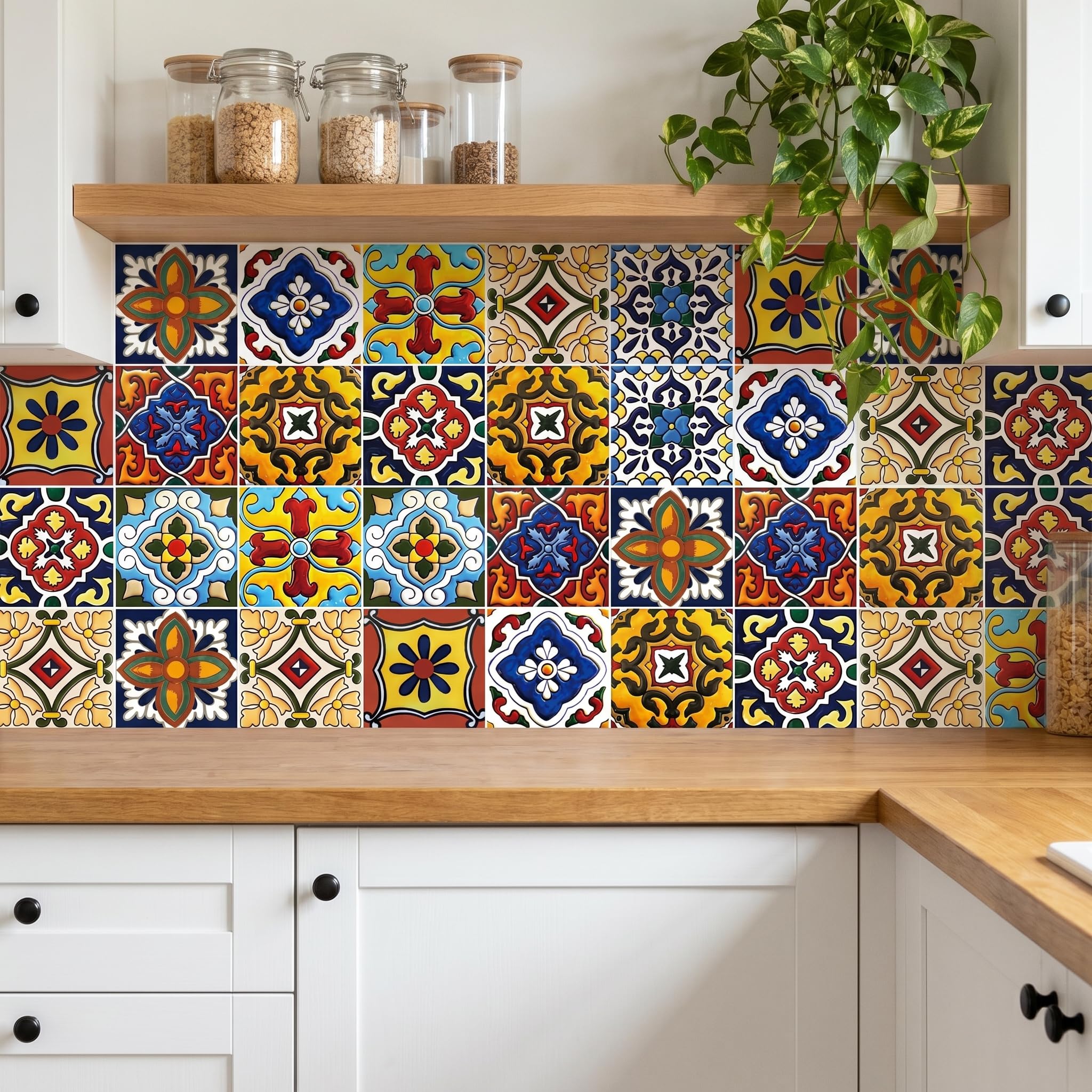 meihea 30 Pack, 4x4 inch Tuscan Style Tile Decals, Colorful Spanish Peel and Stick Backsplash, Self-Adhesive Vinyl for Kitchen Wall Decor