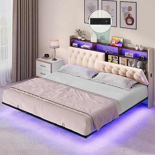 YITAHOME King Floating Bed Frame with LED Lights & USB & Type-C, Platform Bed with Button Tufted Headboard Storage, PU Upholstered Platform Bed Frame with Bag, No Box Spring Needed, Noise Free, Beige