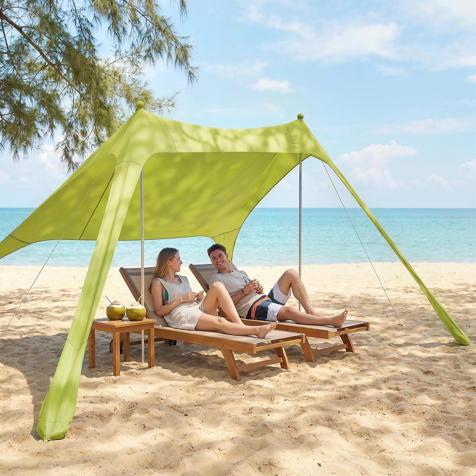 Outsunny Tenda da spiaggia pieghevole 208 x 200 cm, tenda da spiaggia portatile per 2-4 persone con tappetino, UPF50+, pali in alluminio, pala, picchetti e borsa per il trasporto impermeabile, per