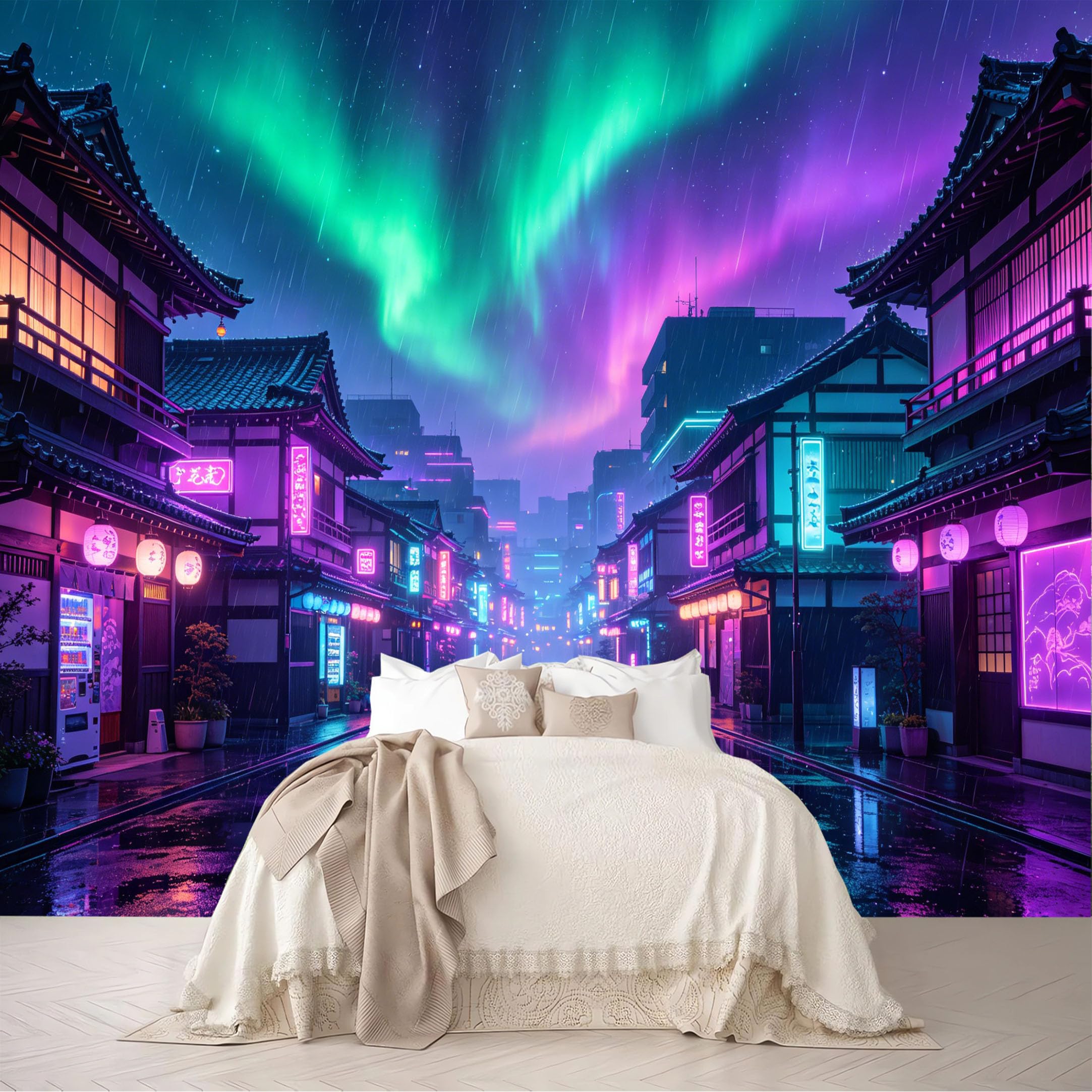 Dskjoviality Ab260706044 Custom Size Wall Mural Aurora Rainy Traditional Street Neon Reflection View Removable Self Adhesive Peel And Stick Wallpaper For Bedroom Living Room