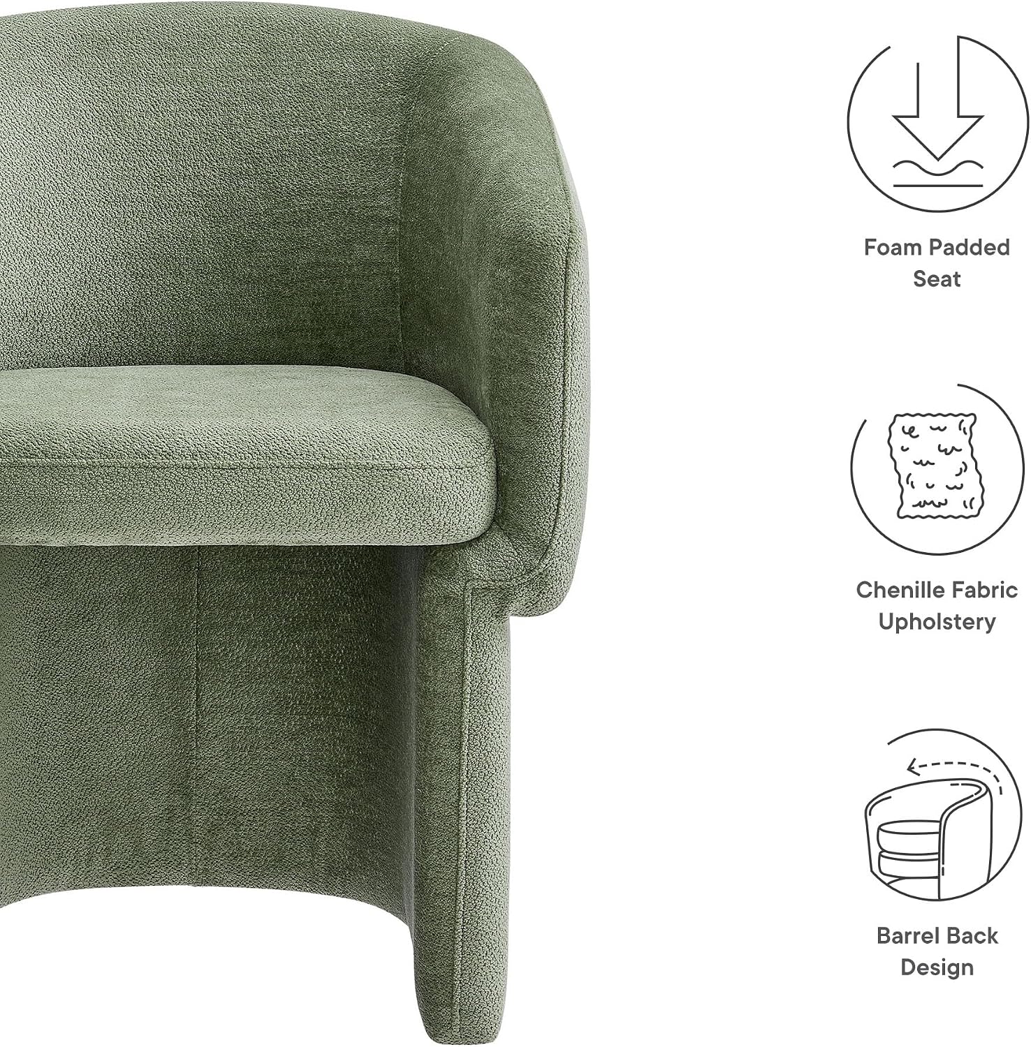 Modway Verity Modern Chenille Barrel Dining Chair in Sage - Fabric Upholstered Round Accent Armchair with Curved Back - Padded Dining Chair or Club Chair - Cozy Living Room Accent Chair