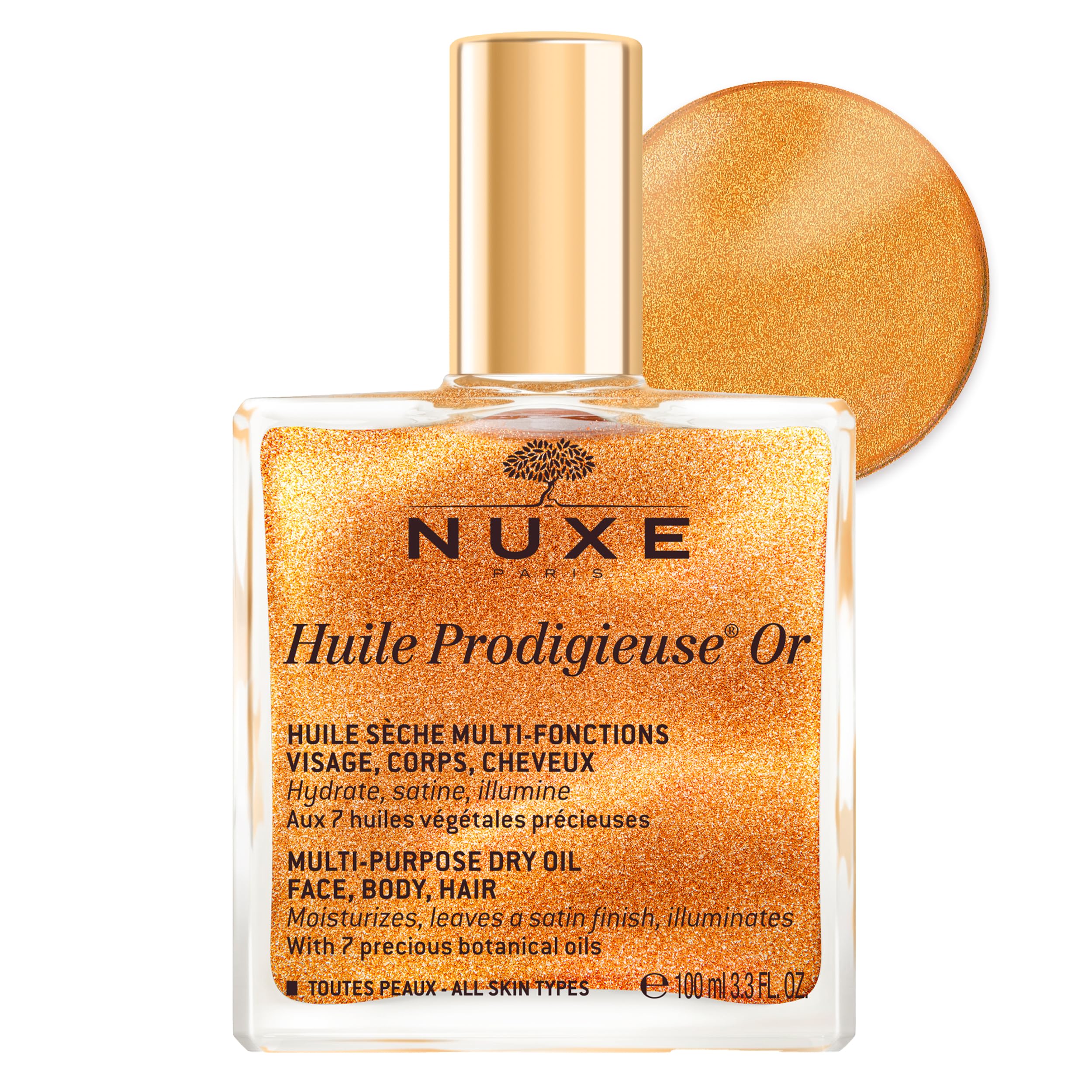 Nuxe NUXE Huile Prodigieuse Shimmer Dry Oil With 7 Botanical Oils for Radiant Glow & Hydration for Face, Body & Hair, 3.3 Fl Oz