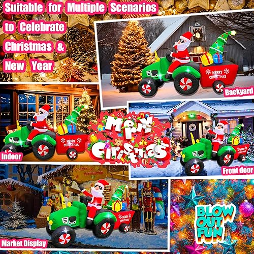 Miniatura 4 de BLOWOUT FUN Inflables de Navidad, Papá Noel de 7 pies conduciendo un tractor con regalos y árbol de Navidad, decoración de Navidad inflable con