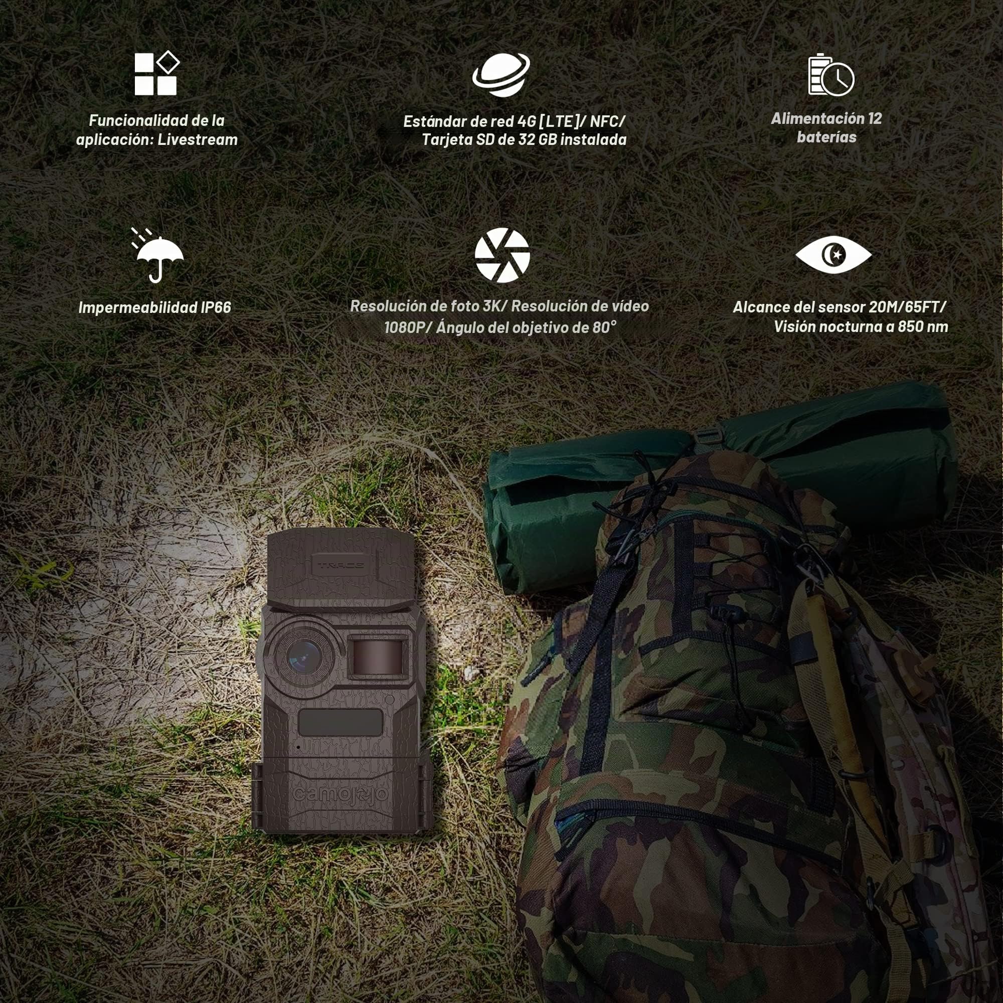 Camojojo Trace - Cámara de caza con SIM 4G LTE, cámara de caza con IP66 impermeable, tarjeta SD de 32 GB, aplicación multifunción, tiempo de funcionamiento más largo