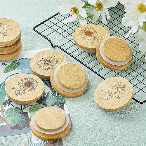 Miniatura 7 de Gueevin Juego de 24 tapas para tarros de yogur a granel inspiradoras de madera de bambú, compatibles con tarros de yogur Oui, redondos,
