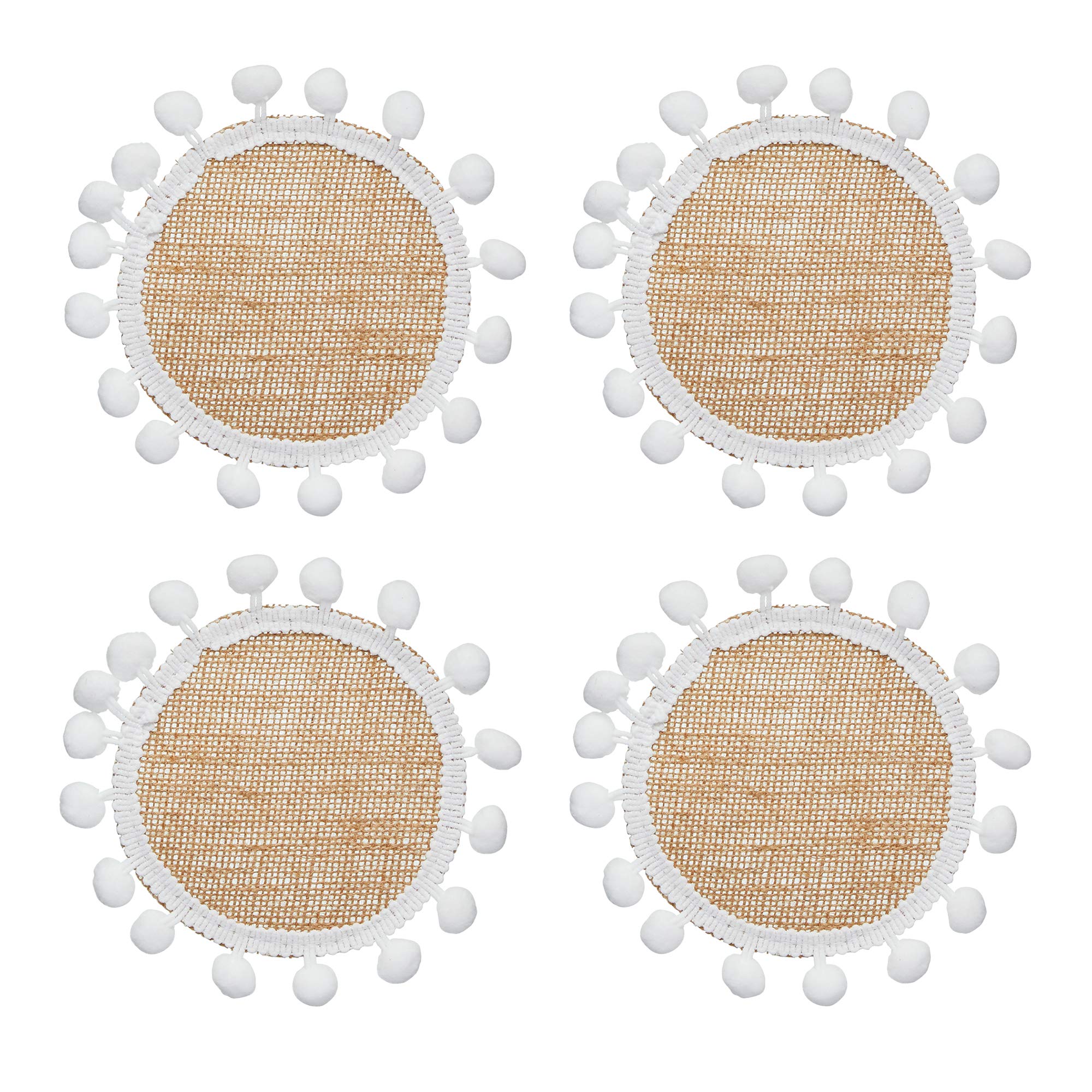 KitchenCraft Natural Elements Hessian Drink Coasters Set, 4 Pack of Woven Jute Mats with Pom Pom Decorations, 15cm