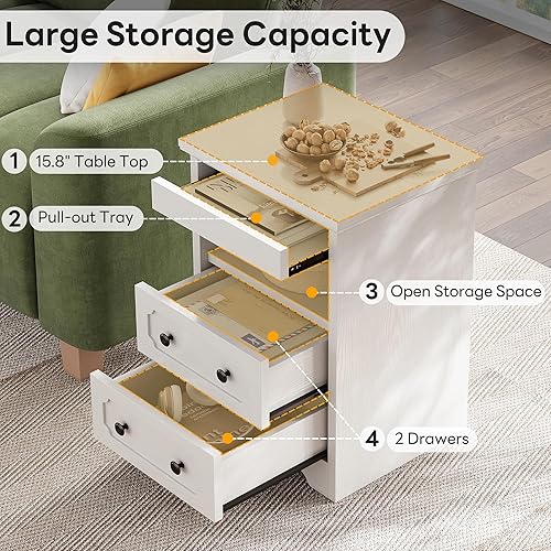 Miniatura 3 de LIKIMIO Mesita de noche, moderna mesita de noche con 2 cajones, estante abierto, mesa auxiliar con bandeja extraíble, mesa auxiliar de madera, color