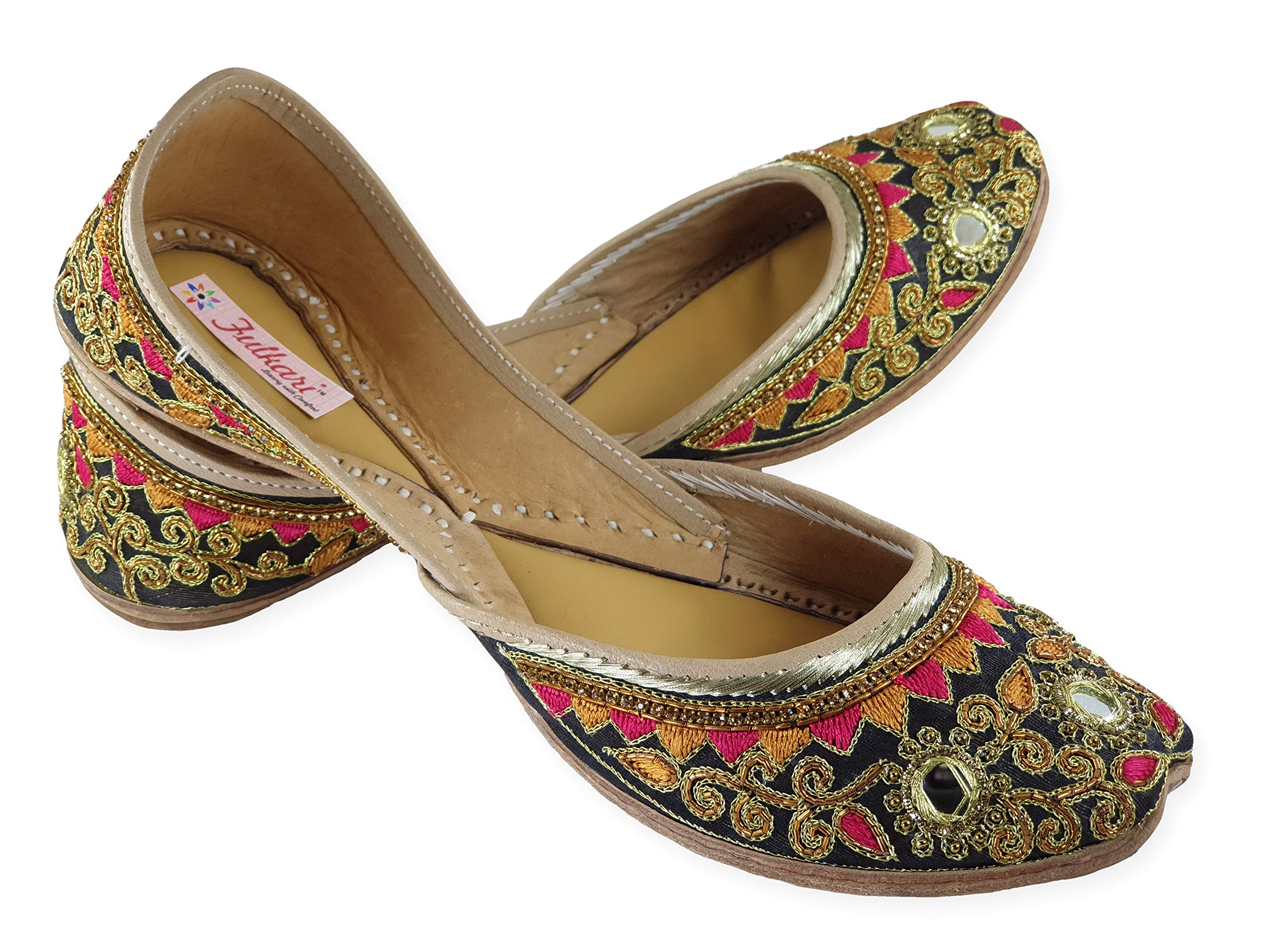 FulkariFulkari Women's Gulbahaar Black Gold Multicolor Genuine Soft Leather Juttis | Bite and Pinch Free Jutis | Punjabi Jutti For Ladies | Wedding Flat Stylish Mojari | Bridal Ethnic Flats For Girls | 41