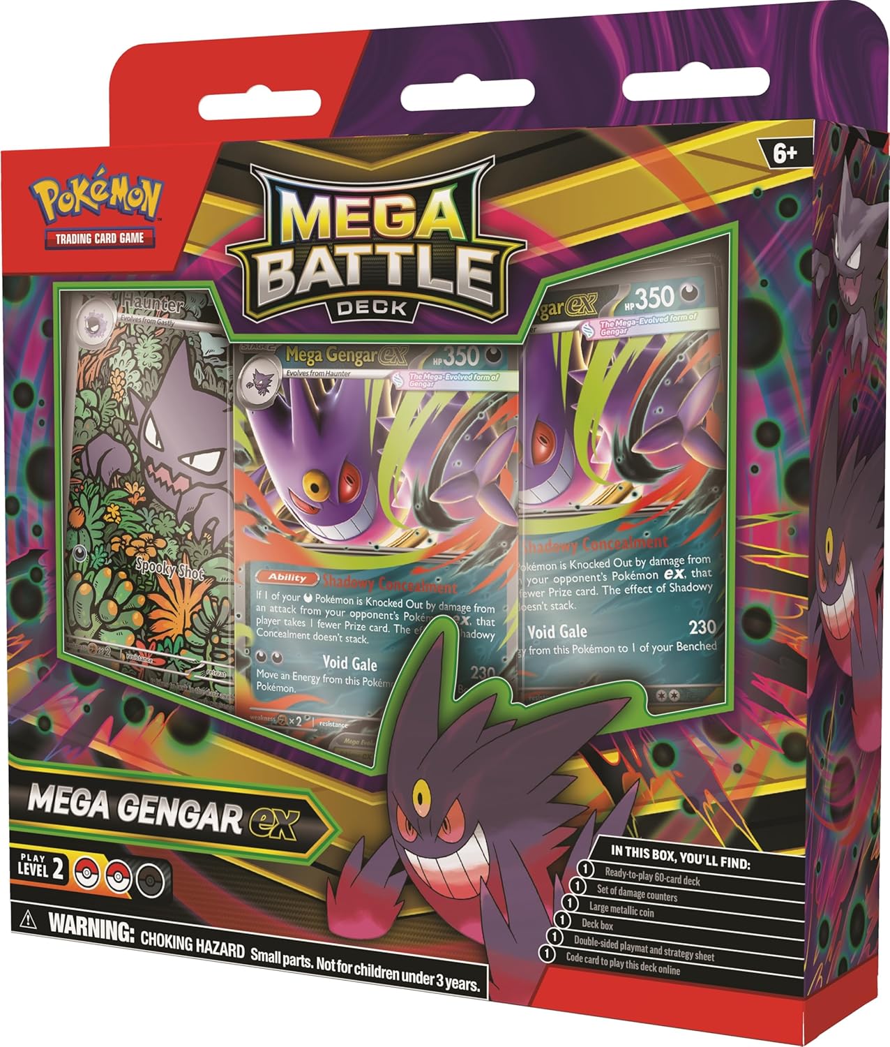 Depan view of the Mega Gengar ex Mega Battle Deck packaging, showing the Mega Gengar ex card and other contents.