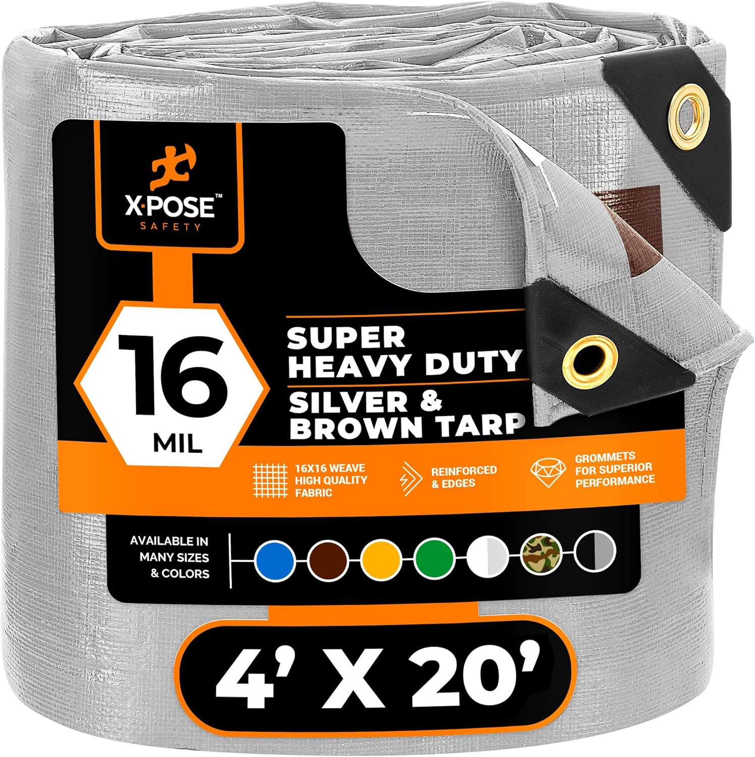 4' x 20' Super Heavy Duty 16 Mil Silver/Brown Poly Tarp Cover - Thick Waterproof, UV Resistant, Rip and Tear Proof Tarpaulin with Grommets and Reinforced Edges - by Xpose Safety Silver/Brown 4' x 20'