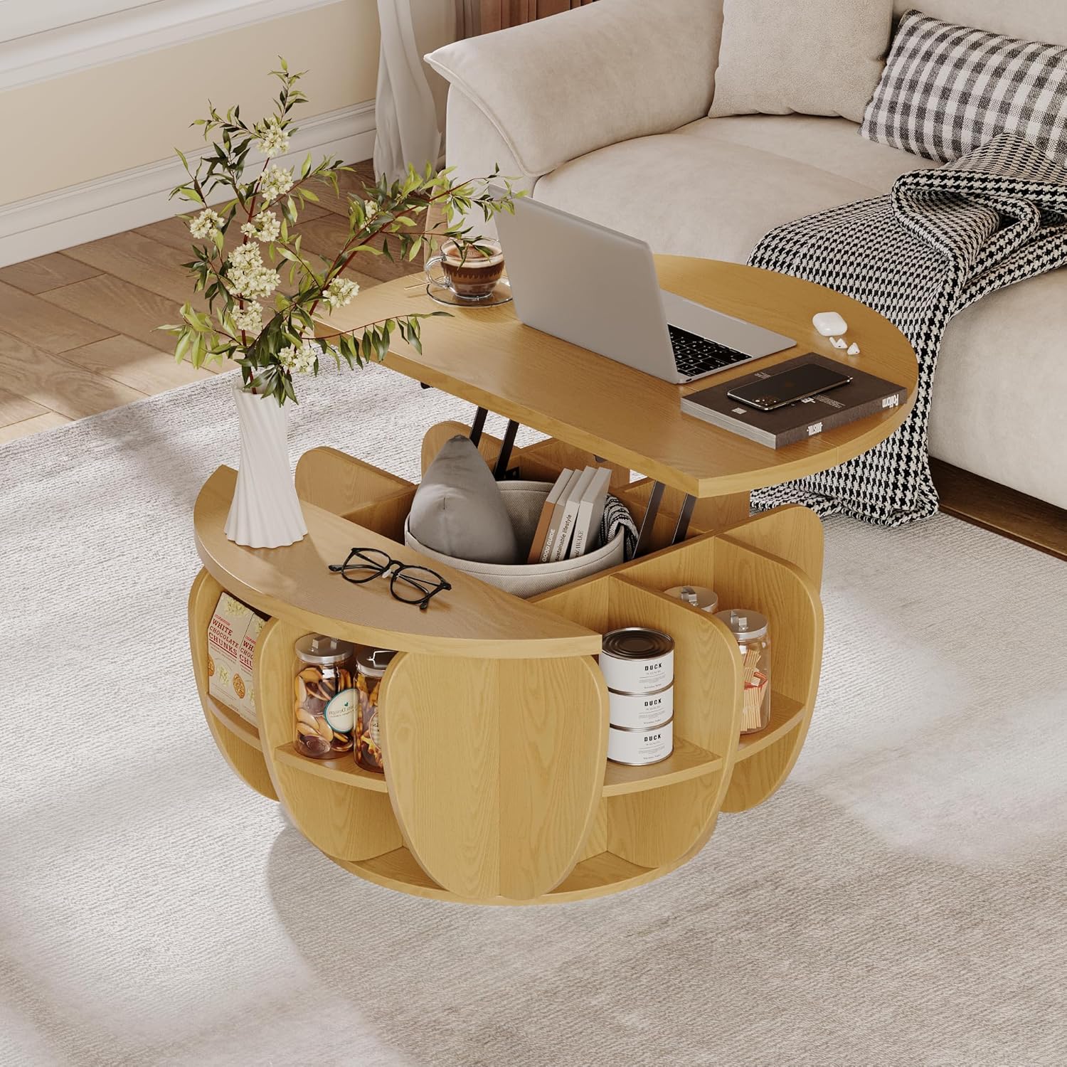 32.7" Lift Top Coffee Table with Storage, Natural Wood Round Center Table with Hidden Storage Compartment & Shelves, Mid Century Modern Coffee Tables for Living Room Rustic Accent Small Center Table