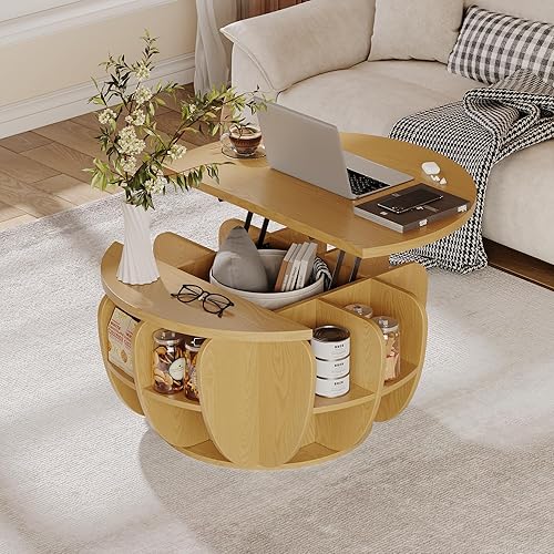 Mesa auxiliar de 32.7 pulgadas con almacenamiento, mesa central redonda de madera natural con compartimento de almacenamiento oculto y estantes,