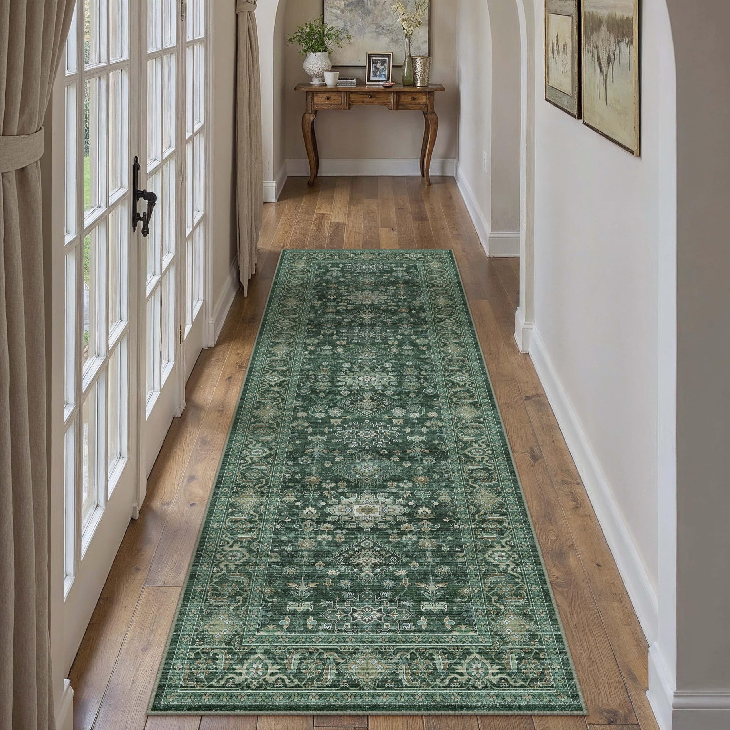 PureCozy Vintage Hallway Runner Rug 80x300cm Green Washable Non Slip Rugs Area Carpet Bedroom Bedside Dining Room Lounge Office Kitchen Soft Low Pile Long Carpets — image 1
