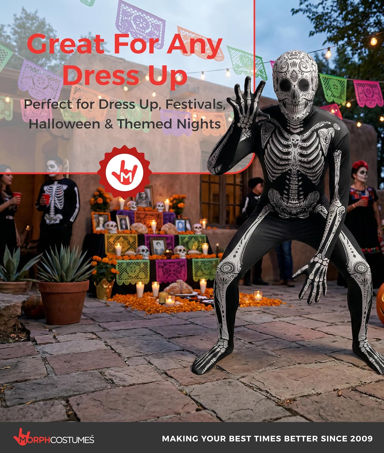 Morphsuits Day Of The Dead Skeleton Costume For Men, Adult Bodysuit, Halloween Skeleton Morph Suit
