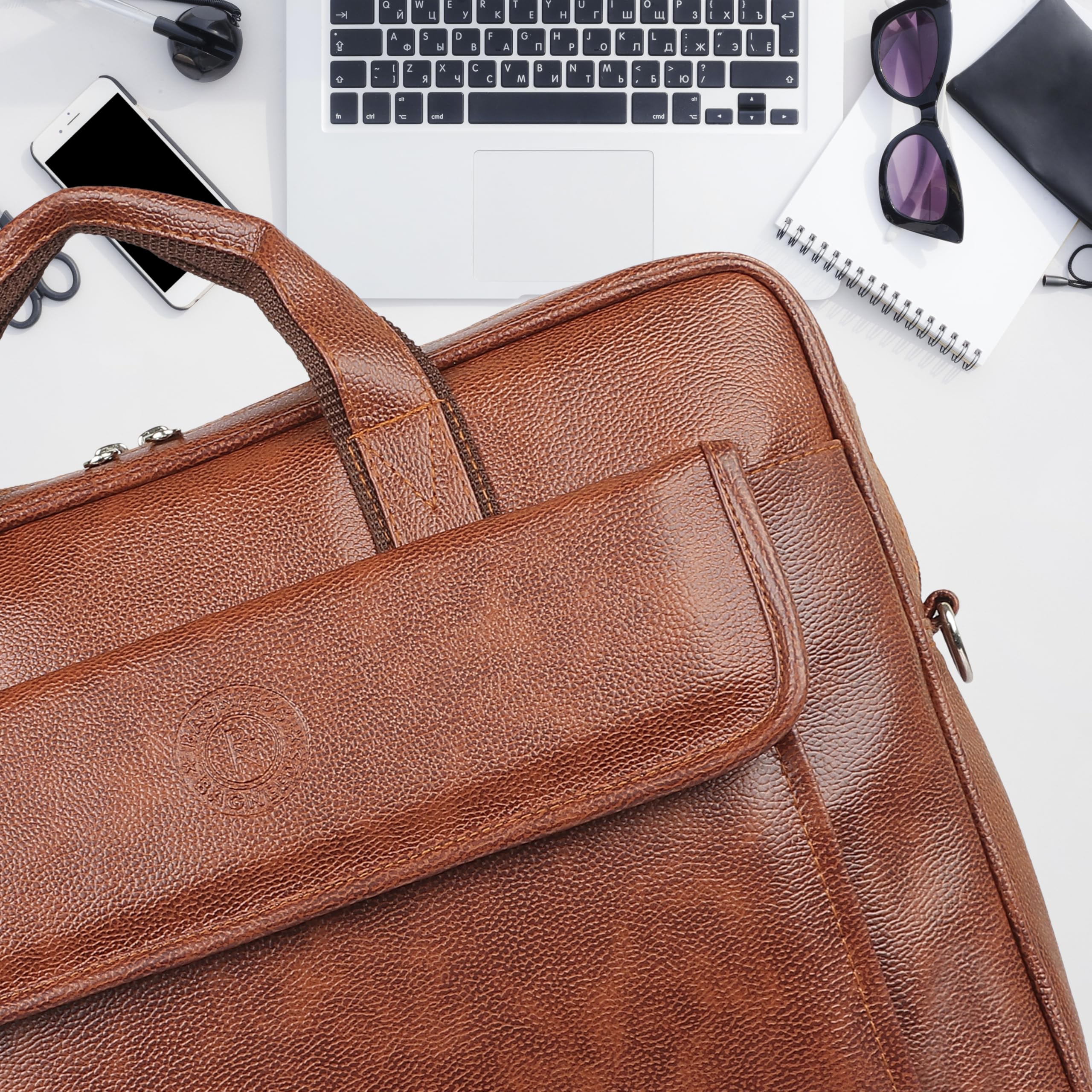 Bagneeds® Unisex Vegan Leather 16 Inch Laptop Messenger Bag | Padded Office Laptop Bag with Adjustable Shoulder Strap | Professional Travel Sling Bag (Tan) 2