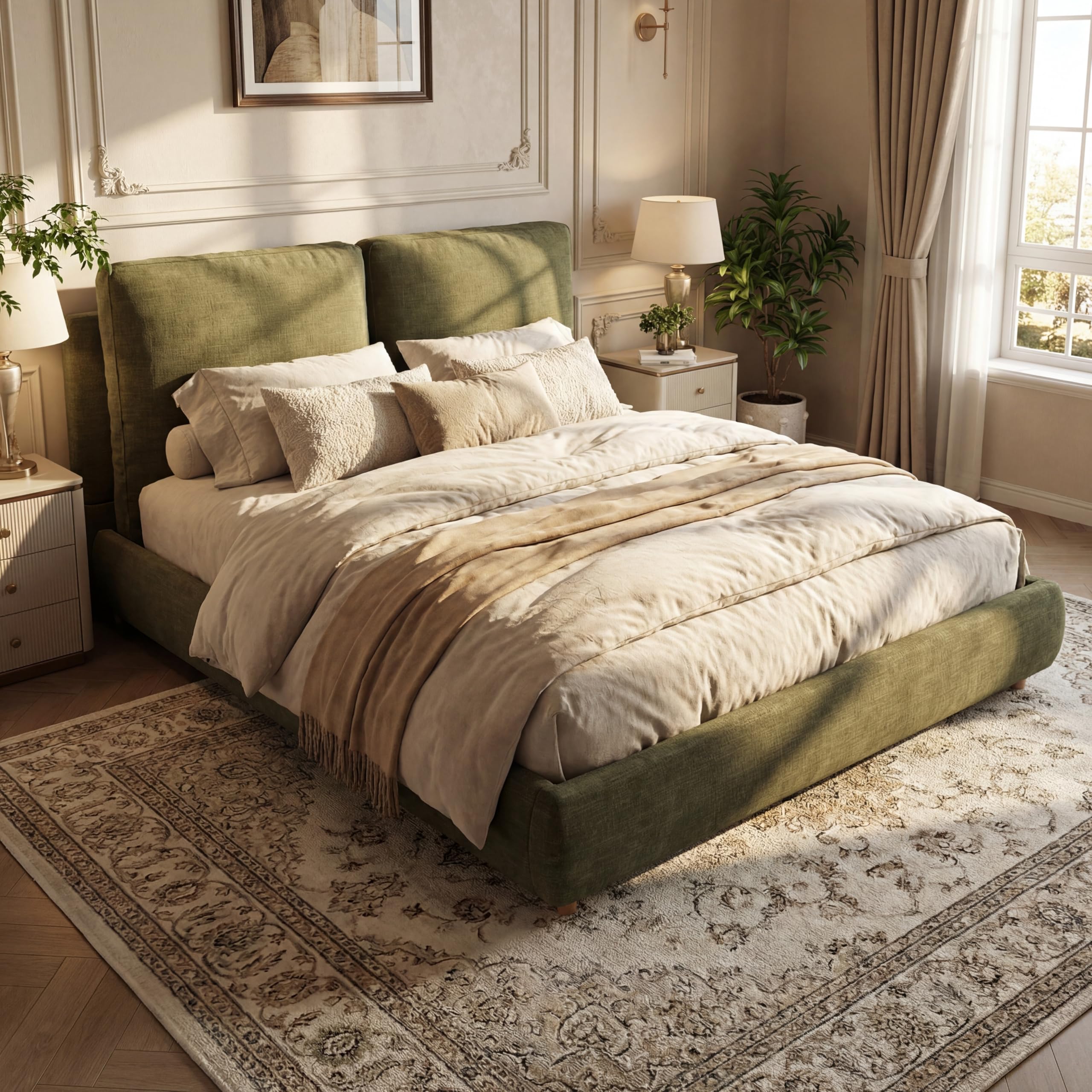 Photo 1 of ***BOX 1 OF 2 -MISSING PIECES SELLING AS INCOMPLETE PARTS ONLY*** Merax Queen Size Boucle Fabric Upholstered Platform Bed with Two Removable Pillow Headboard, Wood Bed Frame with Solid Round Legs for Kids Teens Adults, Olive Green