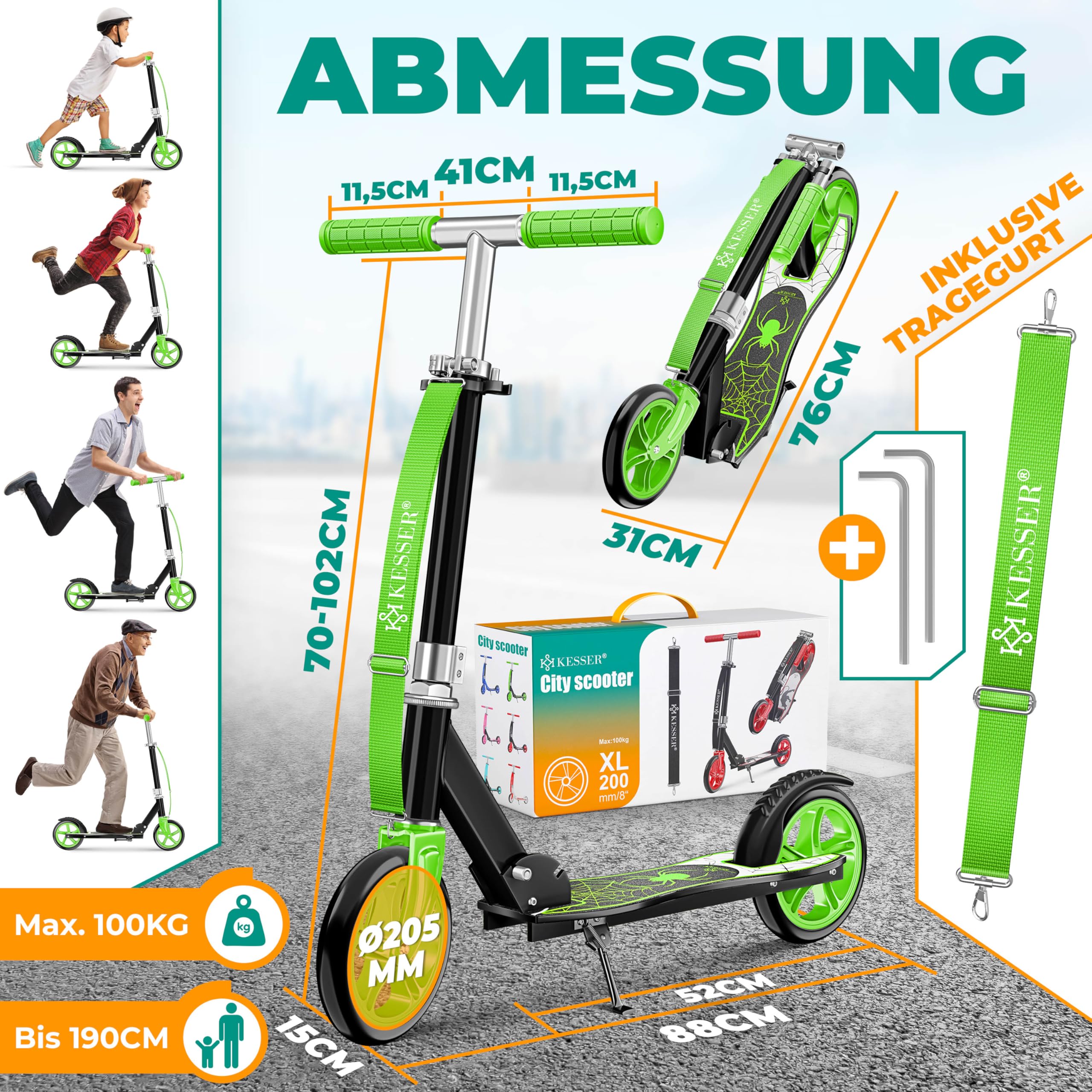 KESSER® City Scooter per Bambini, Monopattino Pieghevole Regolabile in Altezza, Scooter fino a 100 kg, Freno alla Ruota Posteriore, fino a 190 cm di Altezza, Cinghia di Trasporto inclusa