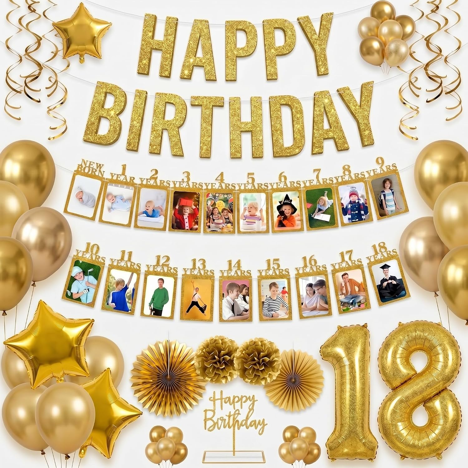 Breling 18th Birthday Photo Banner Gold Birthday Party Decorations Newborn to 18th Age Picture Banner 16th Picture Frame Garland Display for Party Supplies