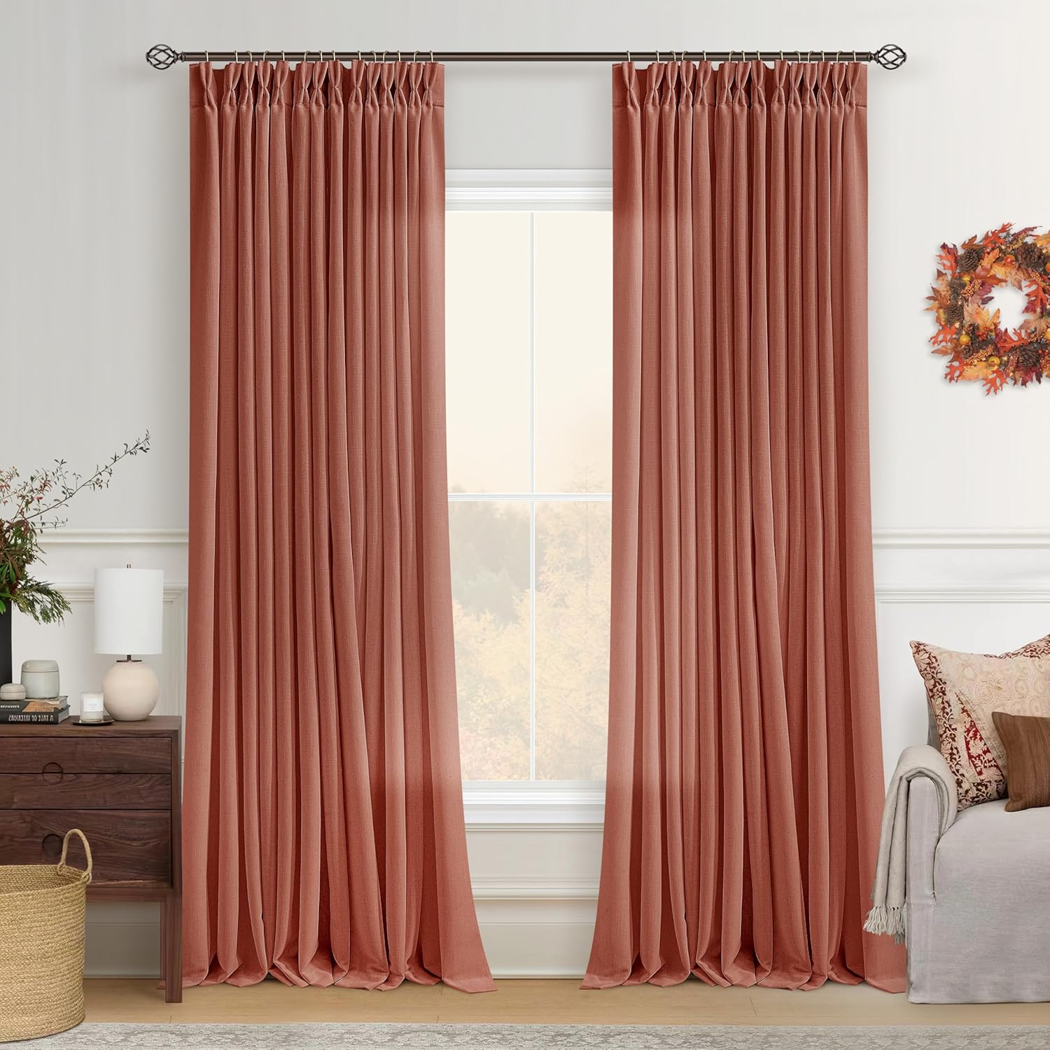 Terracotta 90 Inch Linen Curtains Pinch Pleated for Living Room Bedroom Dining Boho Light Filtering Pinch Pleat Drapes Hooks Rings Back Tab Semi Sheer Autumn Fall Rust Orange Window Curtains 2 Panels
